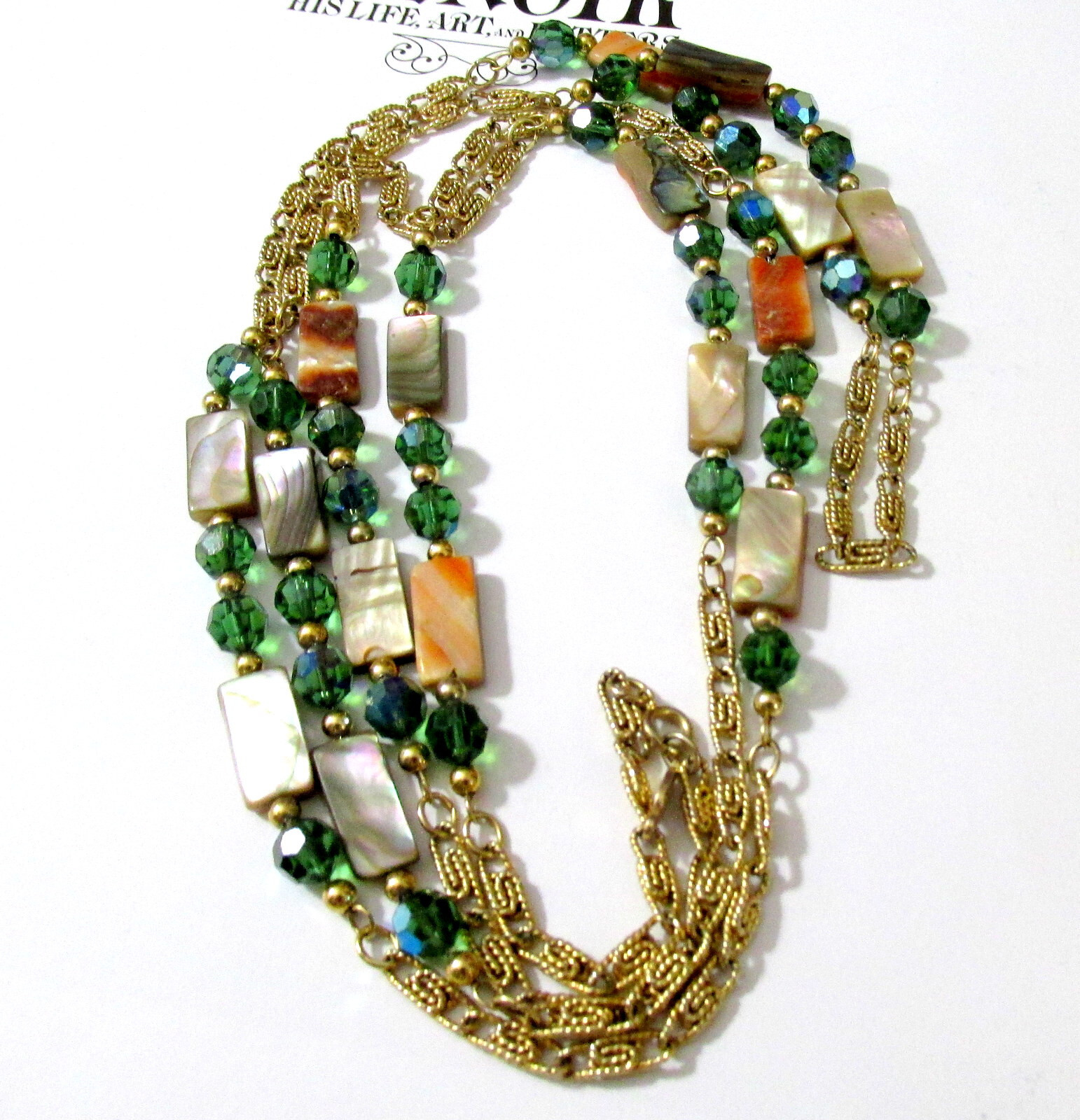 VTG RUNWAY NAPIER 60″ CHAIN ABALONE MOP GREEN CRYSTAL BEAD NECKLACE BOOK PIECE