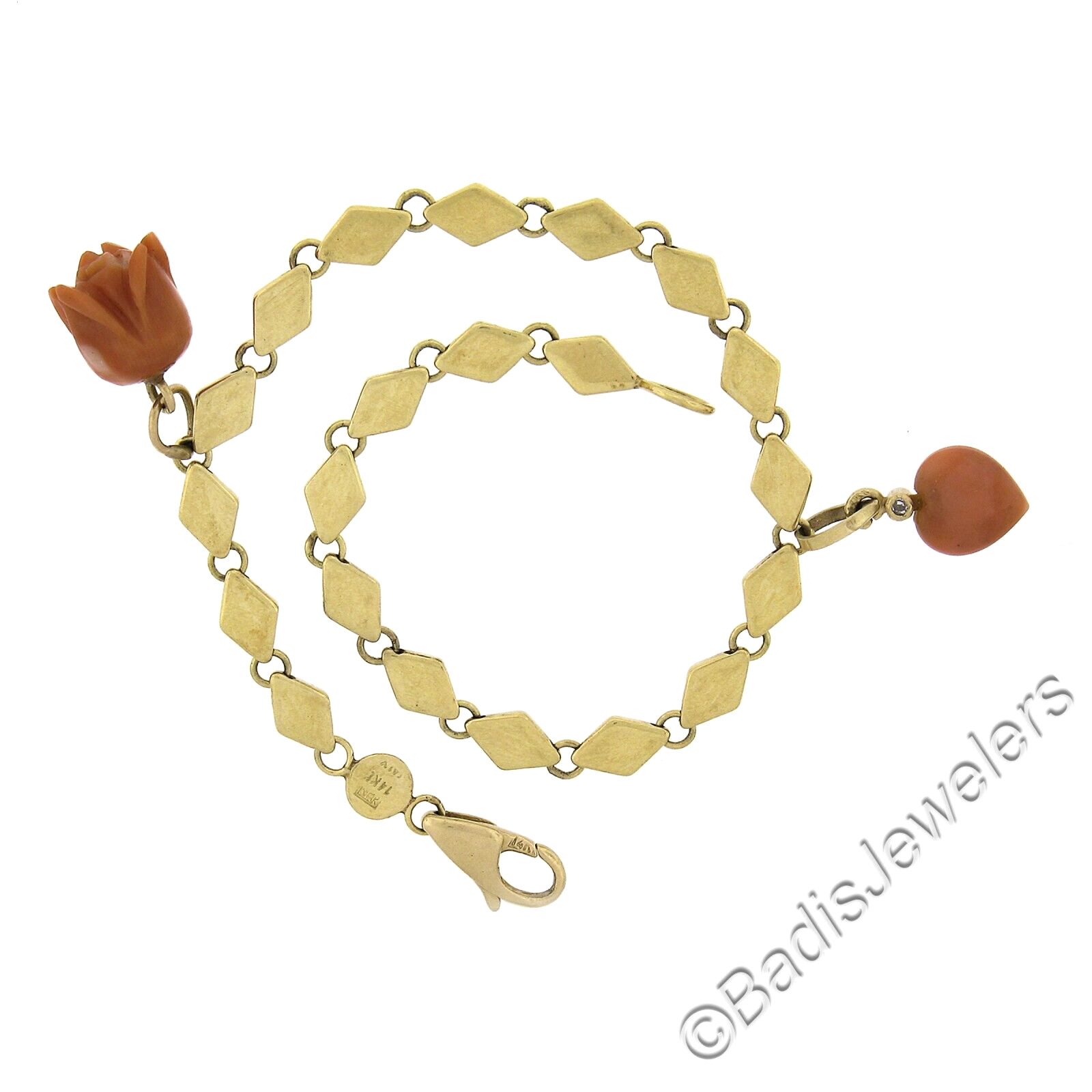 Vintage 14k Gold 6.75″ Lozenge Shaped Link Bracelet w/ Coral Rose & Heart Charms