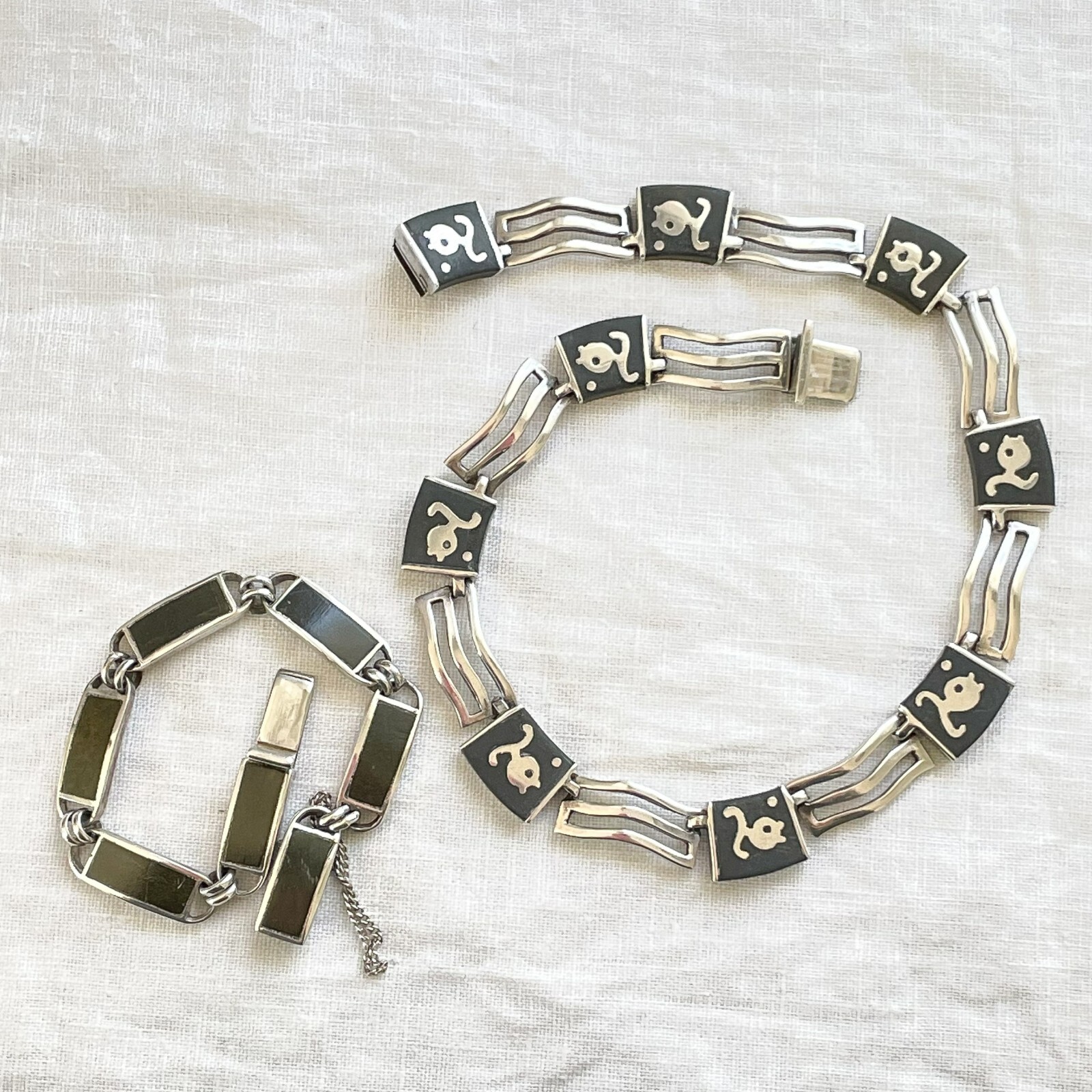 Vintage Los Castillo Onix Negro Fish Necklace/Bracelet Set, Sterling Silver Onyx