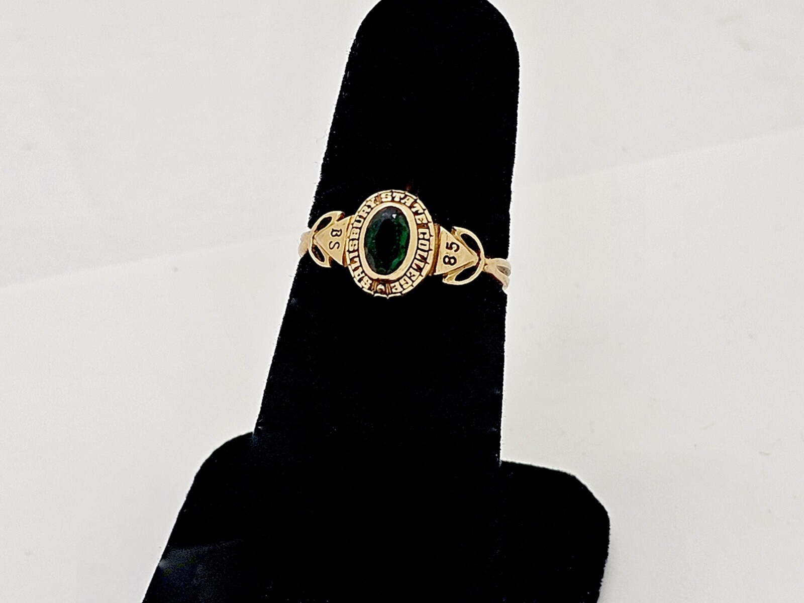 VINTAGE 1985 SALISBURY STATE COLLEGE 14K GOLD LAB EMERALD SCHOOL RING,6.5
