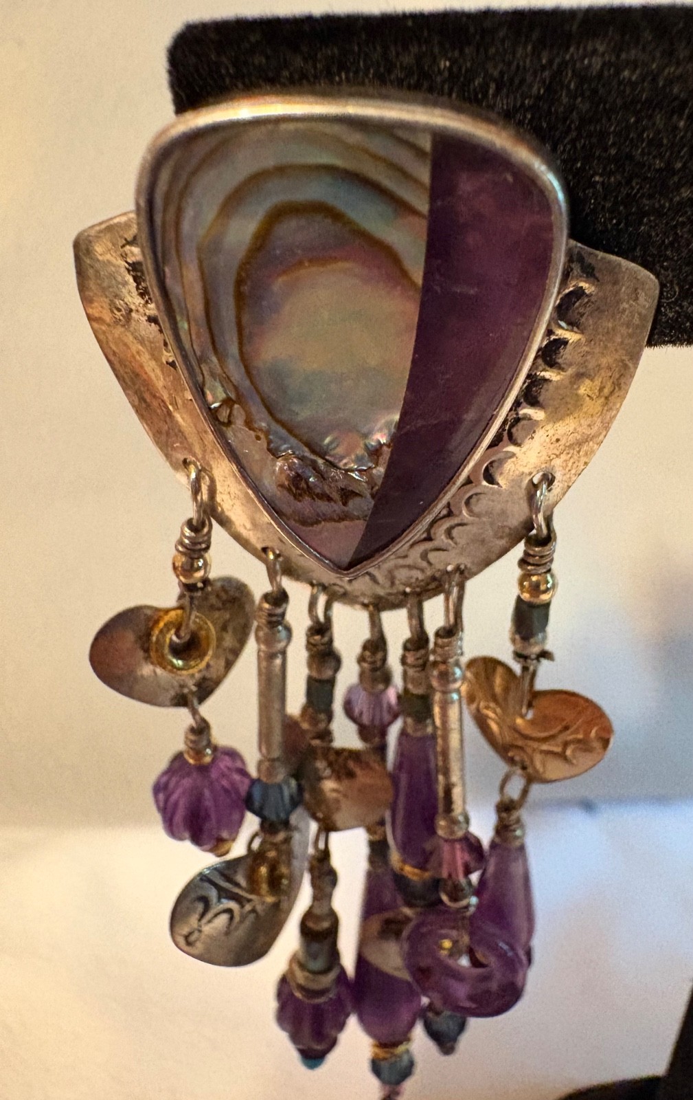 Vintage Tabra Earrings–Amethyst and Abalone–Sterling Silver and Gold