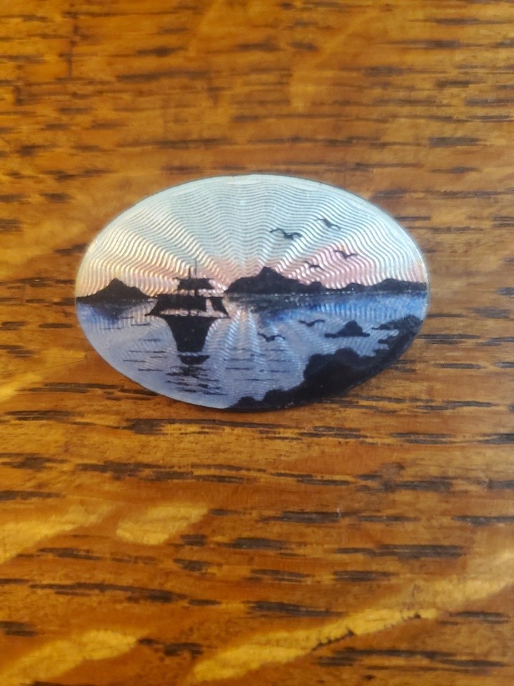 VTGNorway~Denmark~ sterling silver “guilloche enamel”~Viking Ship~sunrise pin~