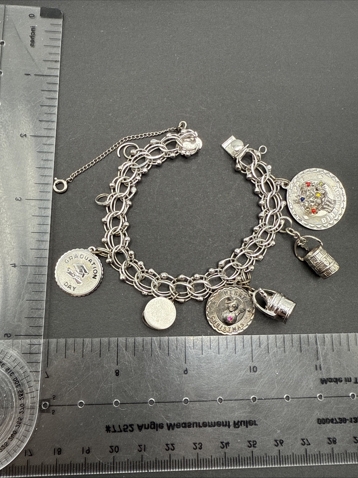 VINTAGE STERLING SILVER CHARM BRACELET Champagne Hat Barrel Grad 32 G 7” J13