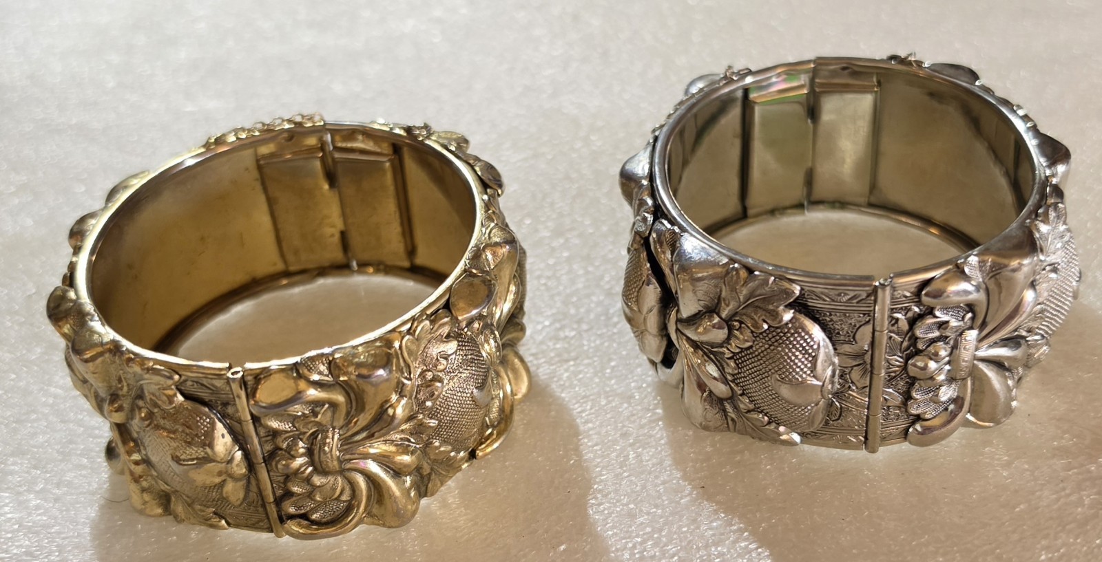 Vintage signed Vargas Whiting & Davis High Relief Hinged Cuff Bracelets