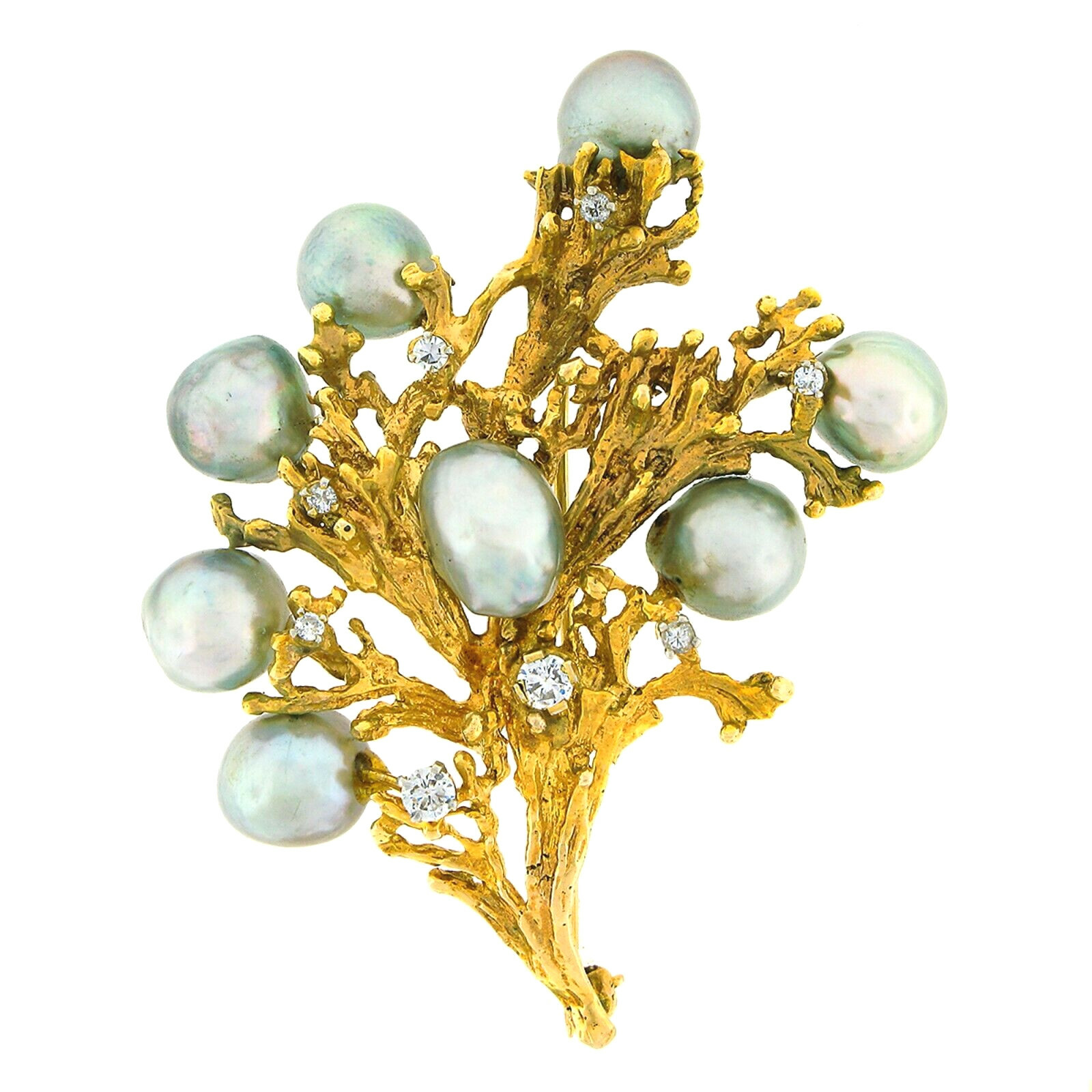 Vintage Textured 14K Gold Gray Pearl Diamond Freeform Flower Cluster Pin Brooch