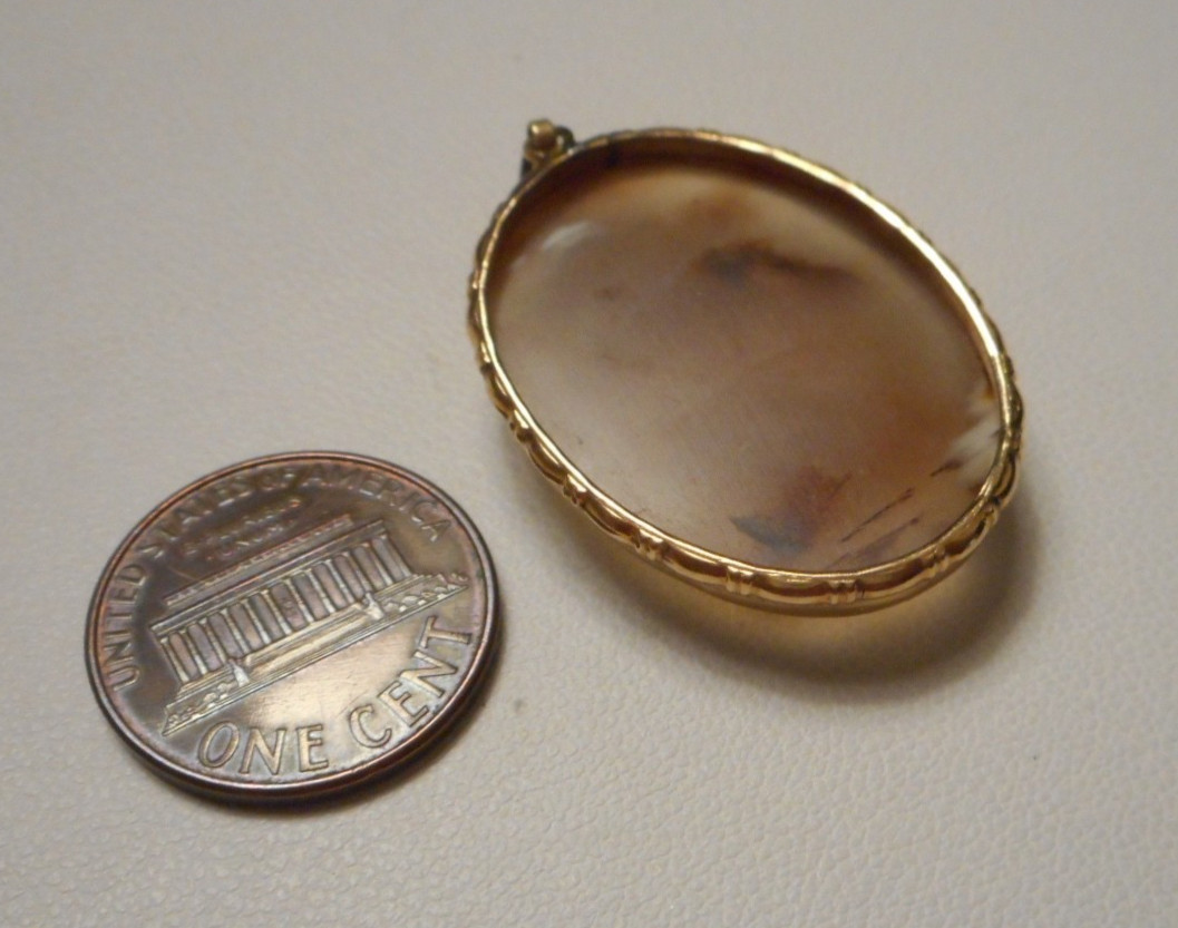 Vintage Gold-Filled Oval Pendant w Mottled Tan White Brown Agate Cabochon