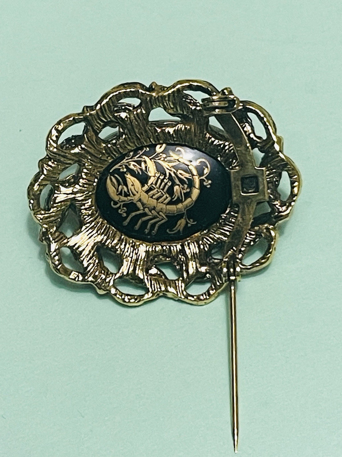 Cast Floral Coral/Scorpio Glass Cabochon Brooch/Pin Art Nouveau-VTG Estate Find!
