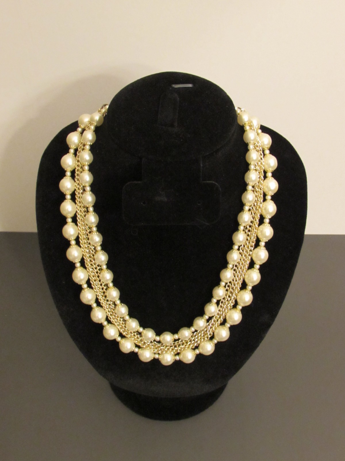 Multi Strand Choker with Faux Pearl Beads and Silver Tone Chains