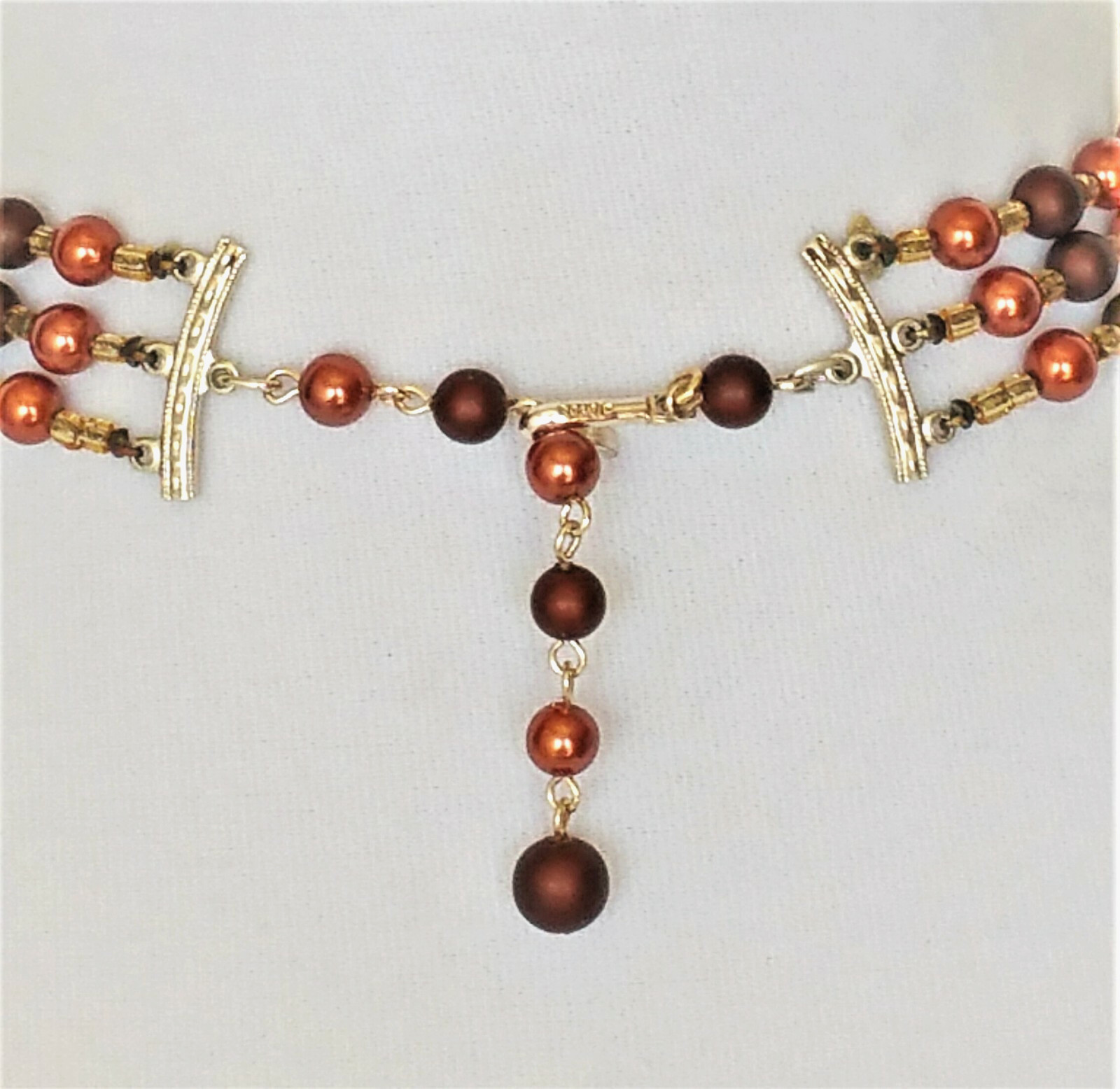 Vintage Womens Necklace Bronze Copper Gold Tone Beads Art Deco 3 Strands