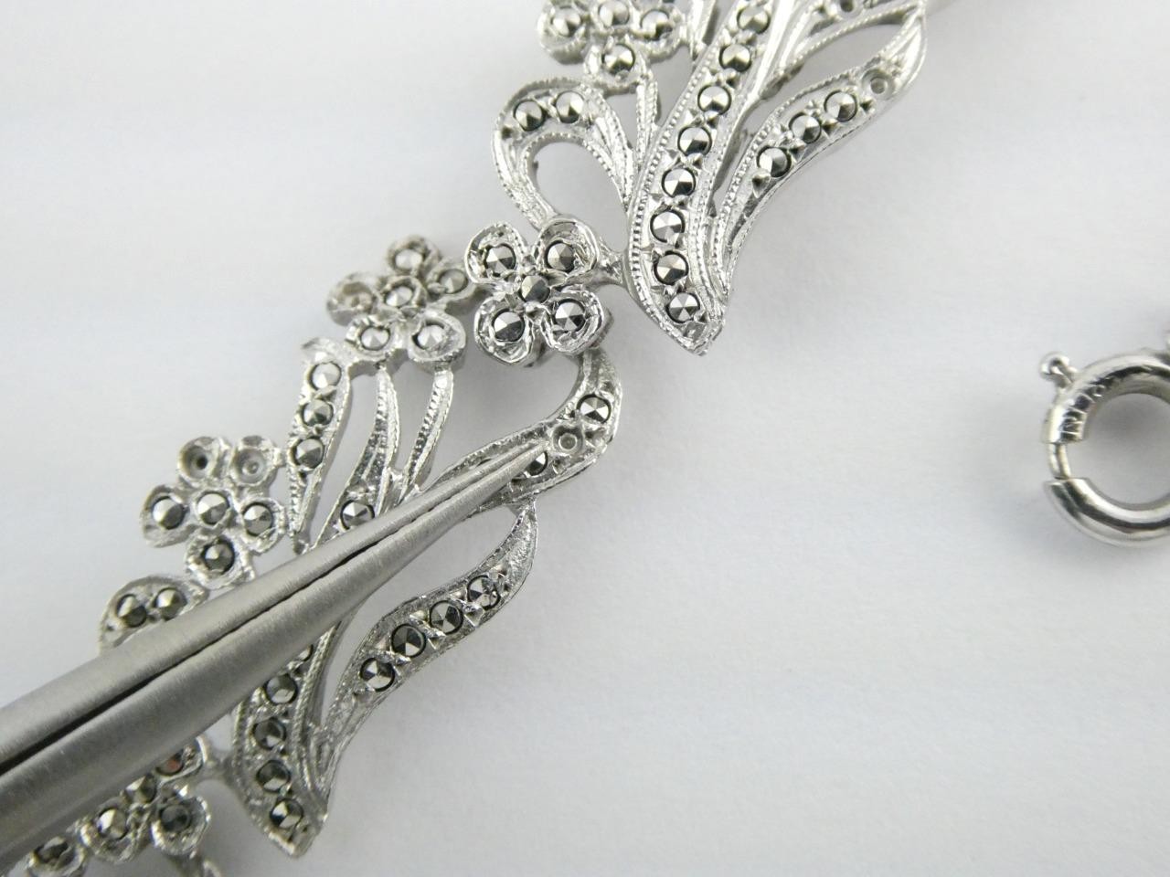 Vintage Deco Style Sterling Silver Marcasite Studded Bracelet 7.25 In GEMS MISS