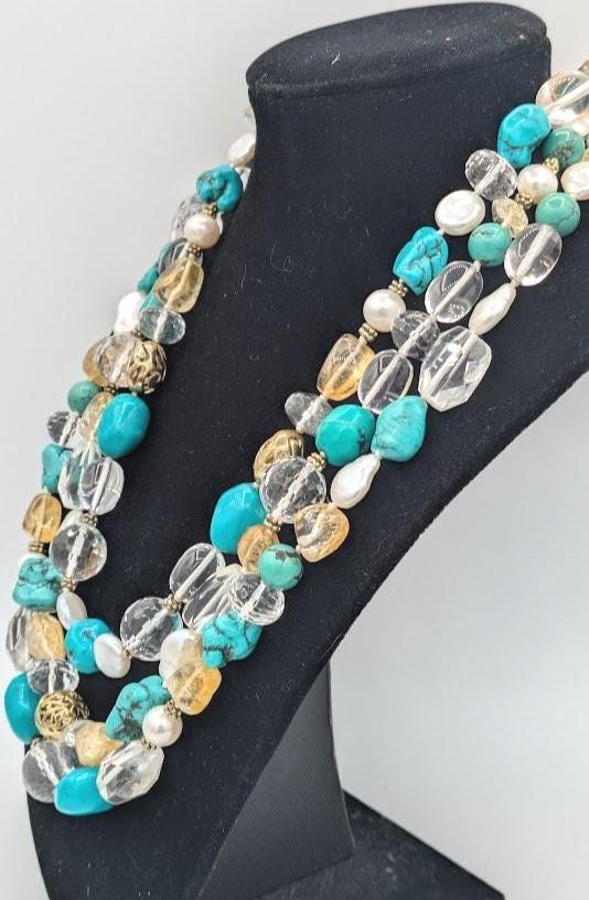 Vintage Turquoise Beaded Necklace Quartz Pearl Sterling Vermeil Multi Strand