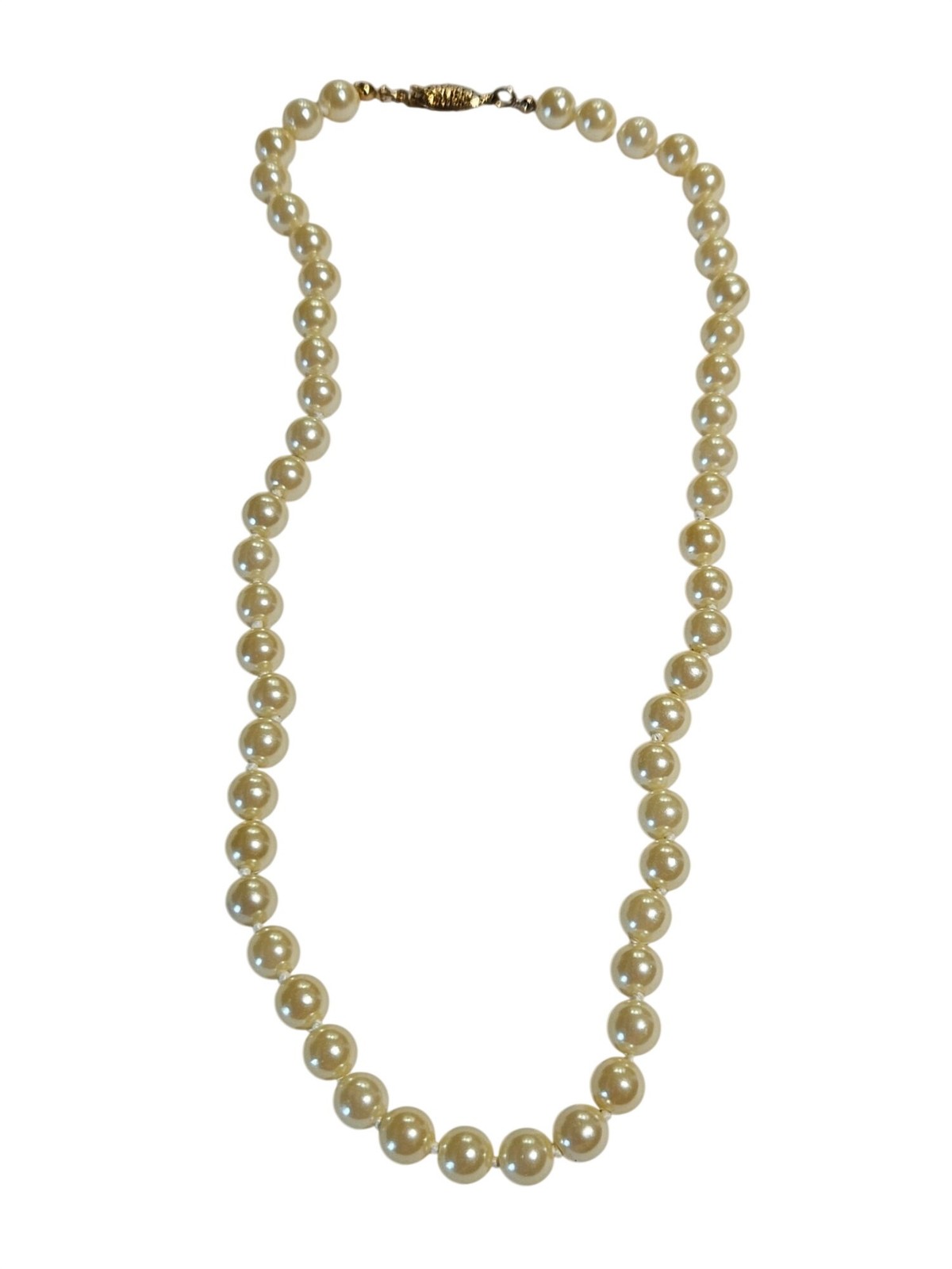 Vintage Glass Faux Pearl Knotted Beaded Necklace Goldtone Fishhook Clasp 19 inch