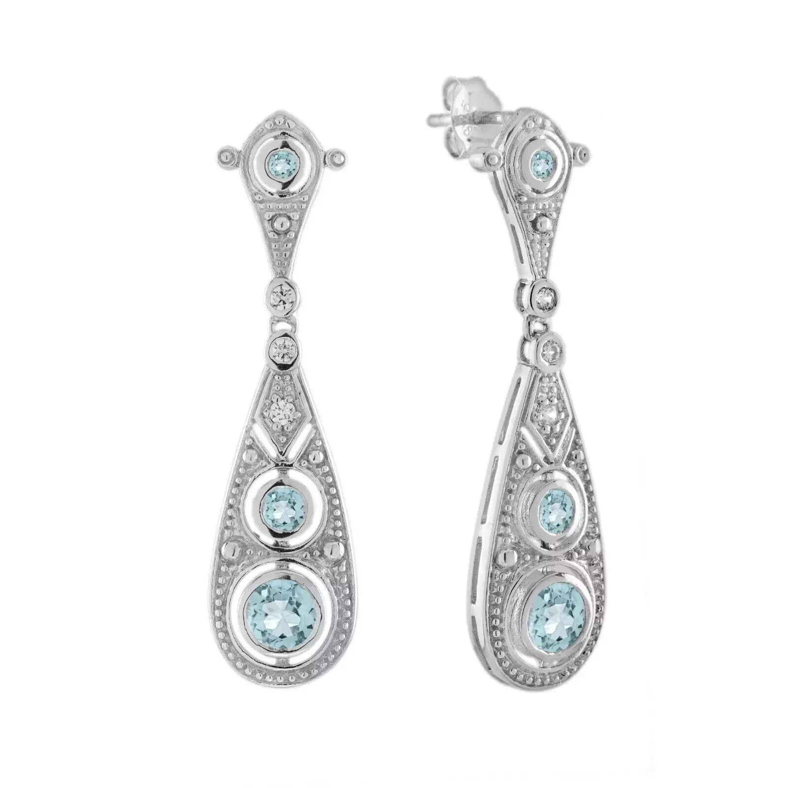 Art Deco Style Aquamarine & Lab Created Diamond14K White Gold FN Wedding Earring