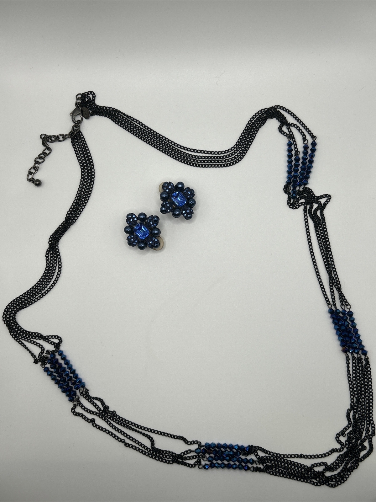 Vintage JOAN RIVERS Royal Blue Bead Rhinestone Clip Earrings And Necklace Set