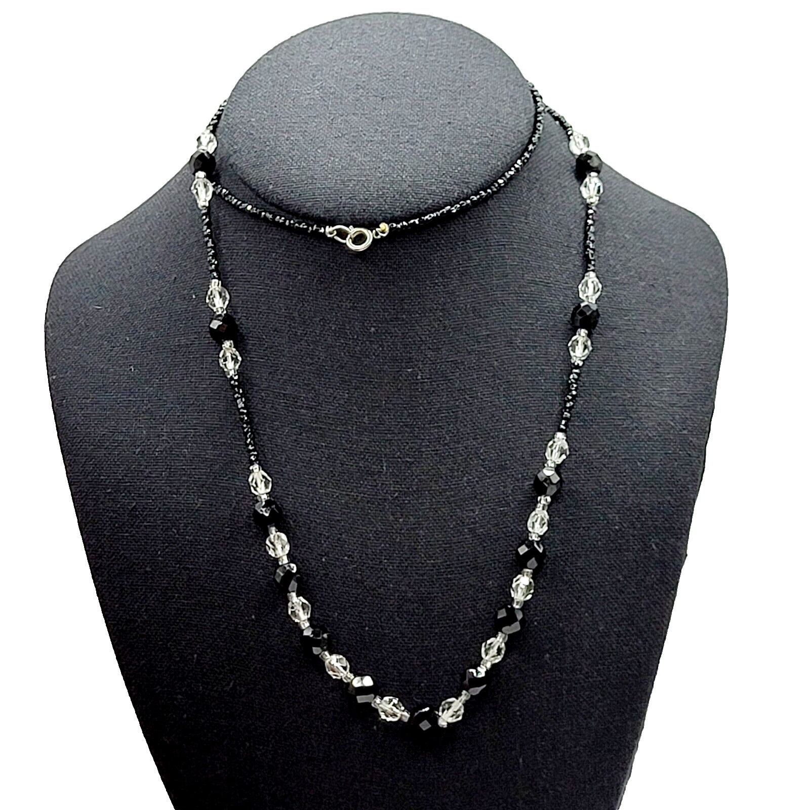 Modern Art Deco Black Clear Cut Crystal Bead Silver Tone Vintage Necklace 31 in