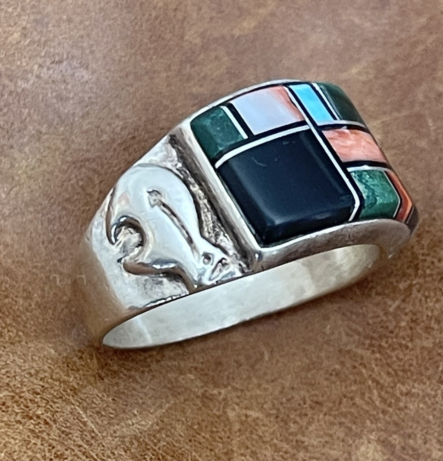 South Western 925 QUOC Turquoise Inc. Albuquerque Stones Bear Embossed Ring Sz 9