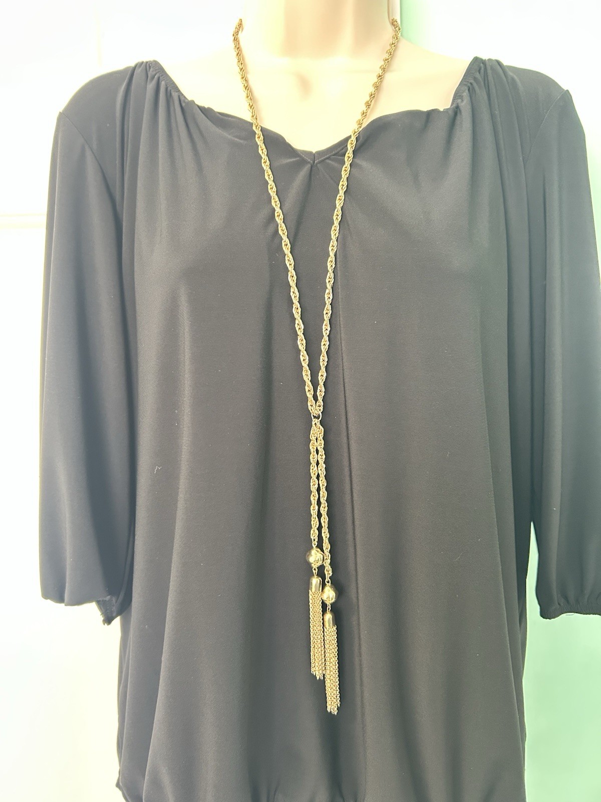 STUNNING GOLD PLATE VINTAGE THICK CHAIN NECKLACE LARIAT W/ CHAINS TASSELS ENDS