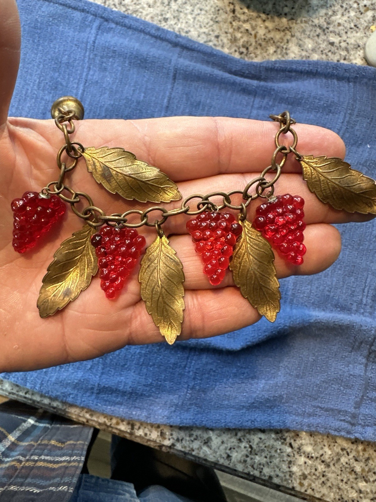 VINTAGE GLASS GRAPE CLUSTERS WITH BRASS BELLS & LEAVES BRACELET COSTUME JEWELERY