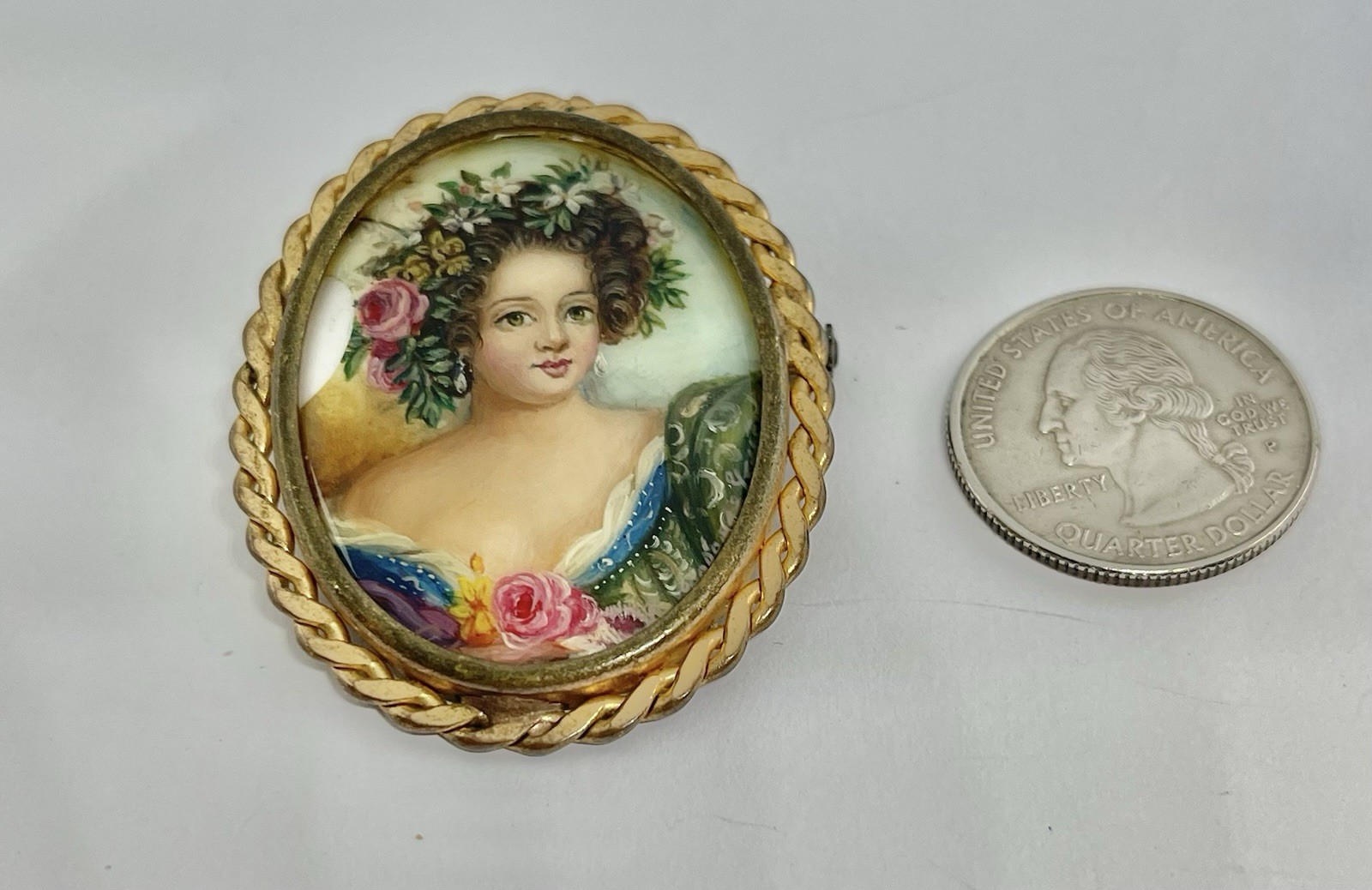 Vintage Gorgeous Hand Painted Lady Portrait on Mother of Pearl Signed Brooch