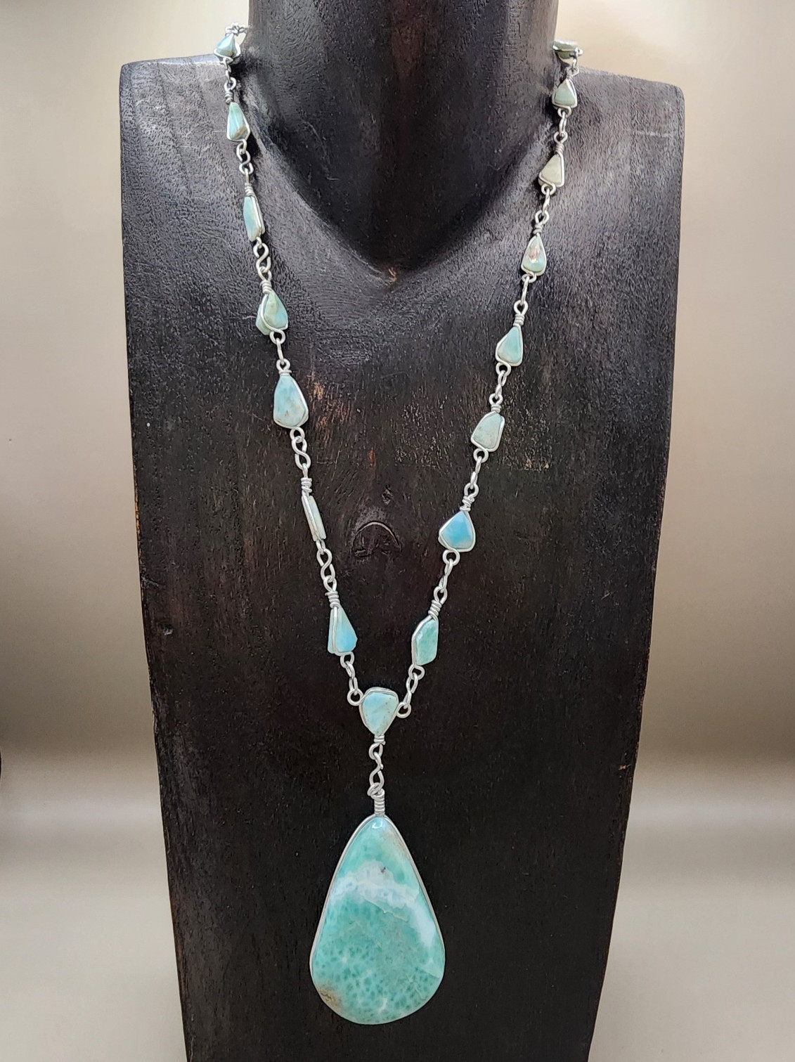 Massive Natural Larimar Teardrop Pendant Necklace Wire Wrapped Freeform Links