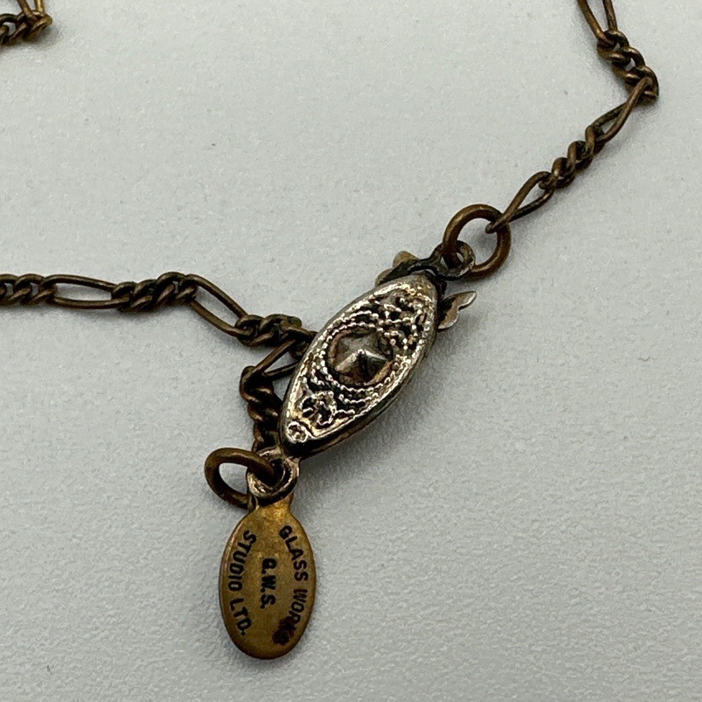 Vtg Glass Works Studio Necklace Enamel Heart Charm Long pink Blue 31″ Long #546