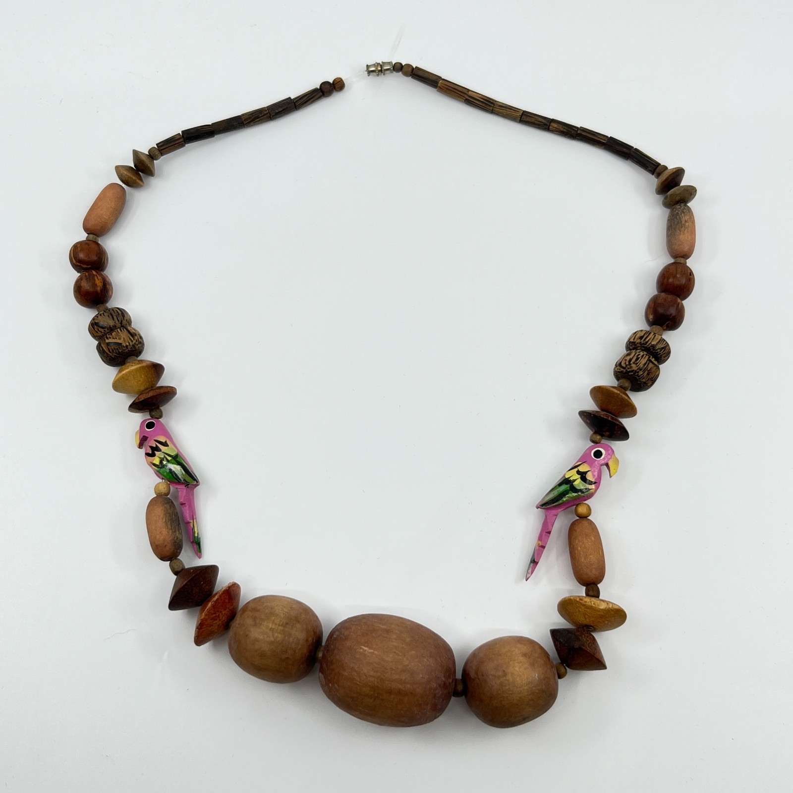 Vintage Boho Tropical Wood Parrot Beaded Statement Necklace Pink Bird Accent