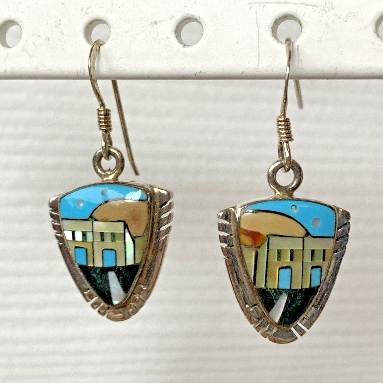 VTG Sterling Silver 925 Southwest Inlay Village Necklace Earring Set Signed VC