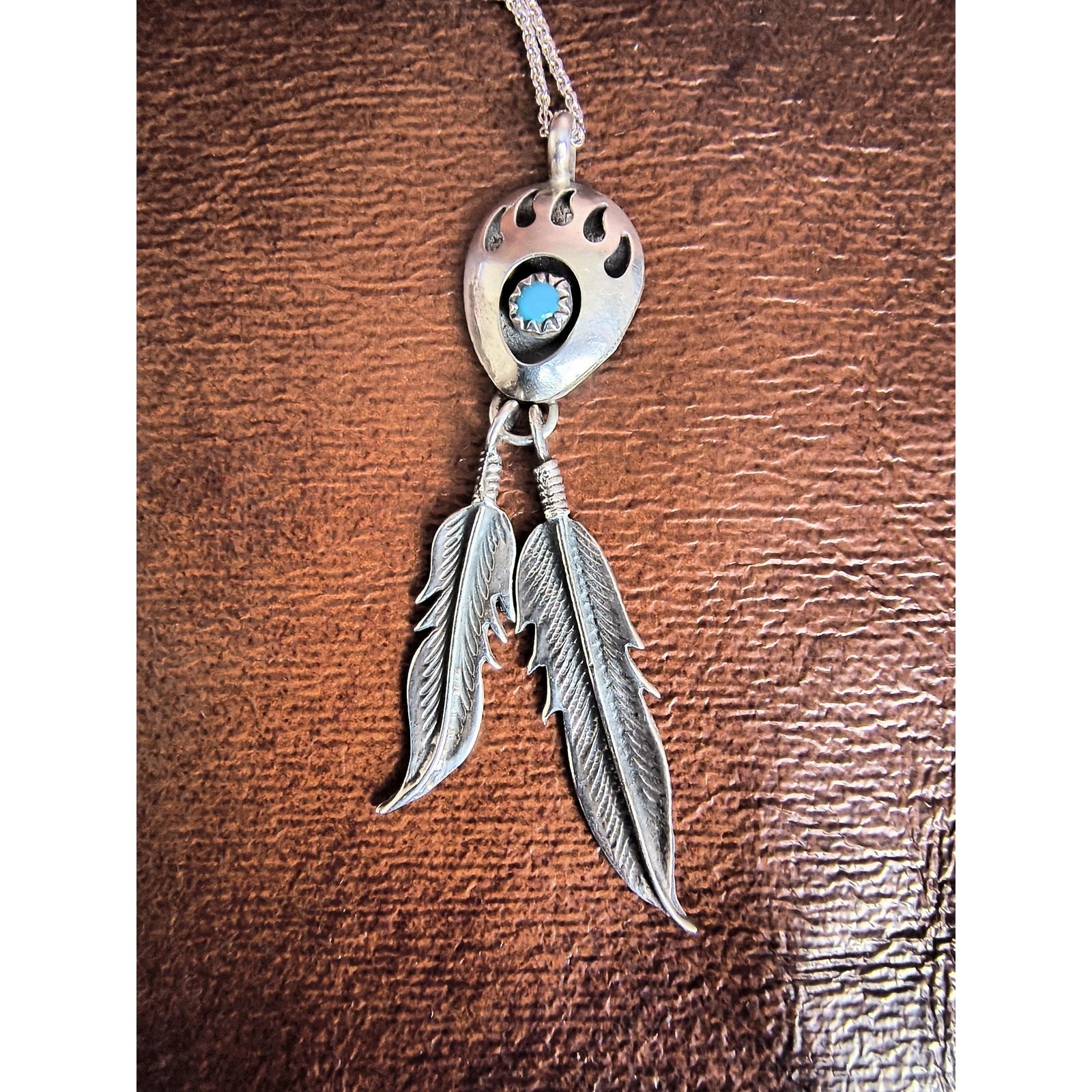 Old Sterling Silver Bear Paw Turquoise Feather Dangle Pendant Necklace 925 Chain