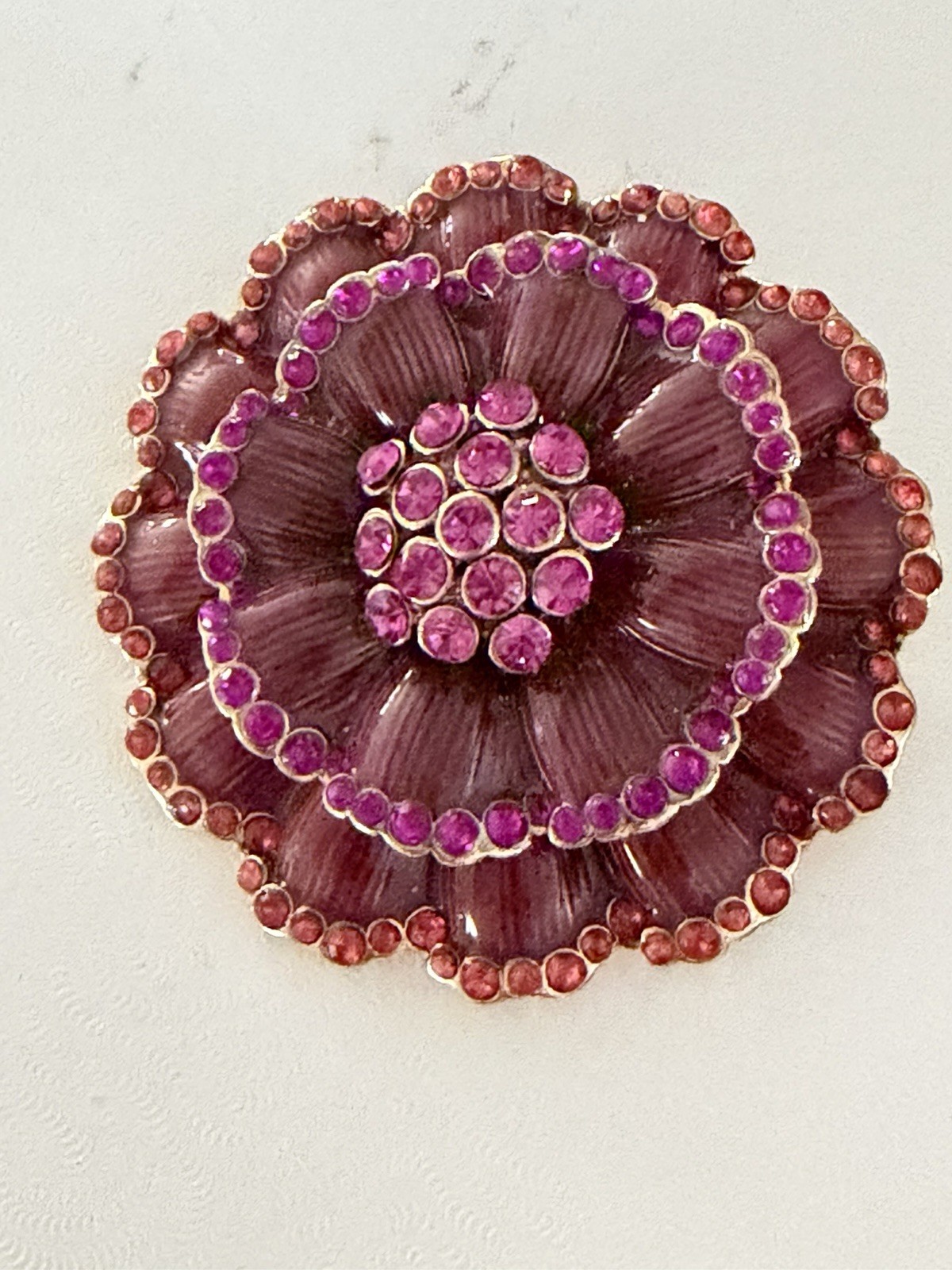 Vintage Liz Claiborne Burgundy Enamel Petals With Rhinestones Brooche