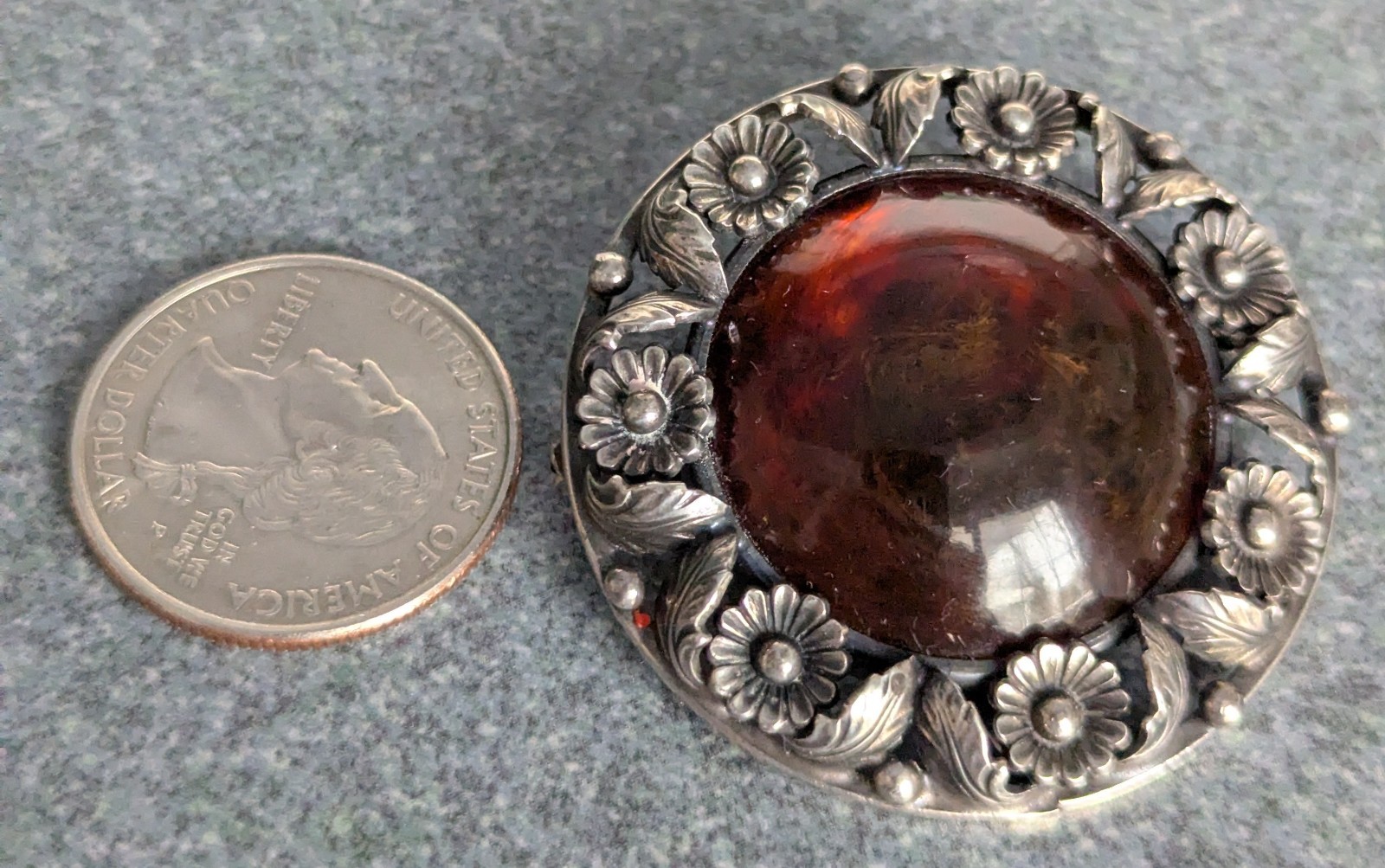 Vintage Sterling Silver Denmark NE FROM Amber Round Floral Pin Brooch Neils Erik