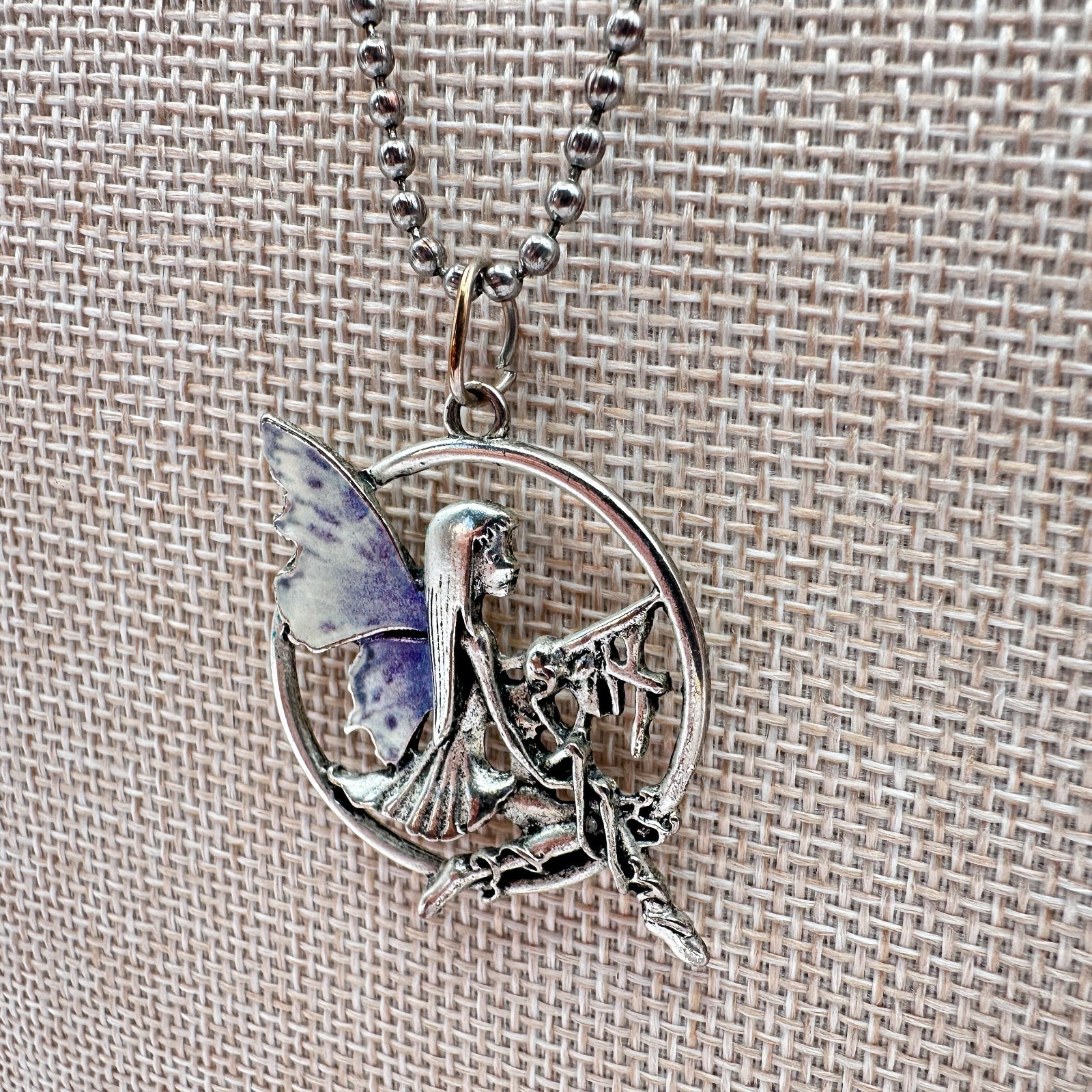 Vintage 90s Silver Tone Enamel Fairy Pendant Necklace Ball Chain Boho Jewelry