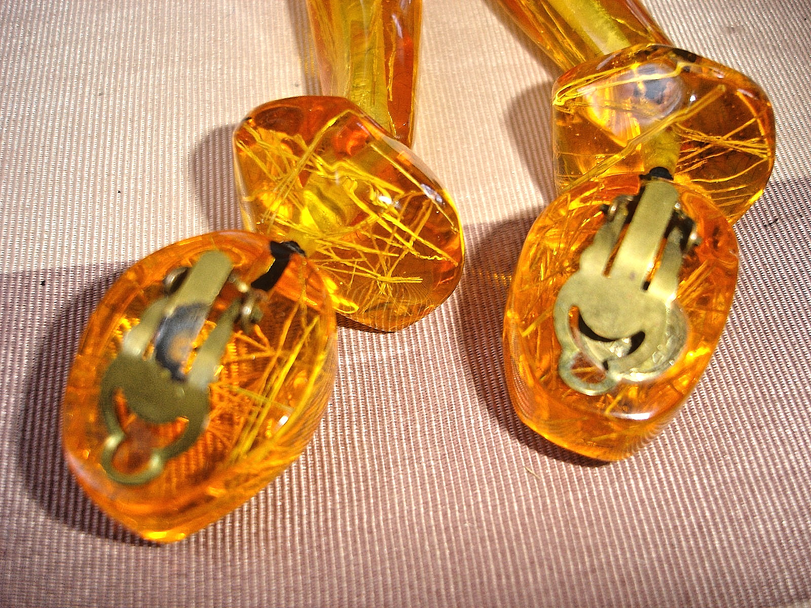 Vintage RARE Gerda Lynggaard Monies HUGE 4 Inch Amber Resin Dangly Clip Earrings