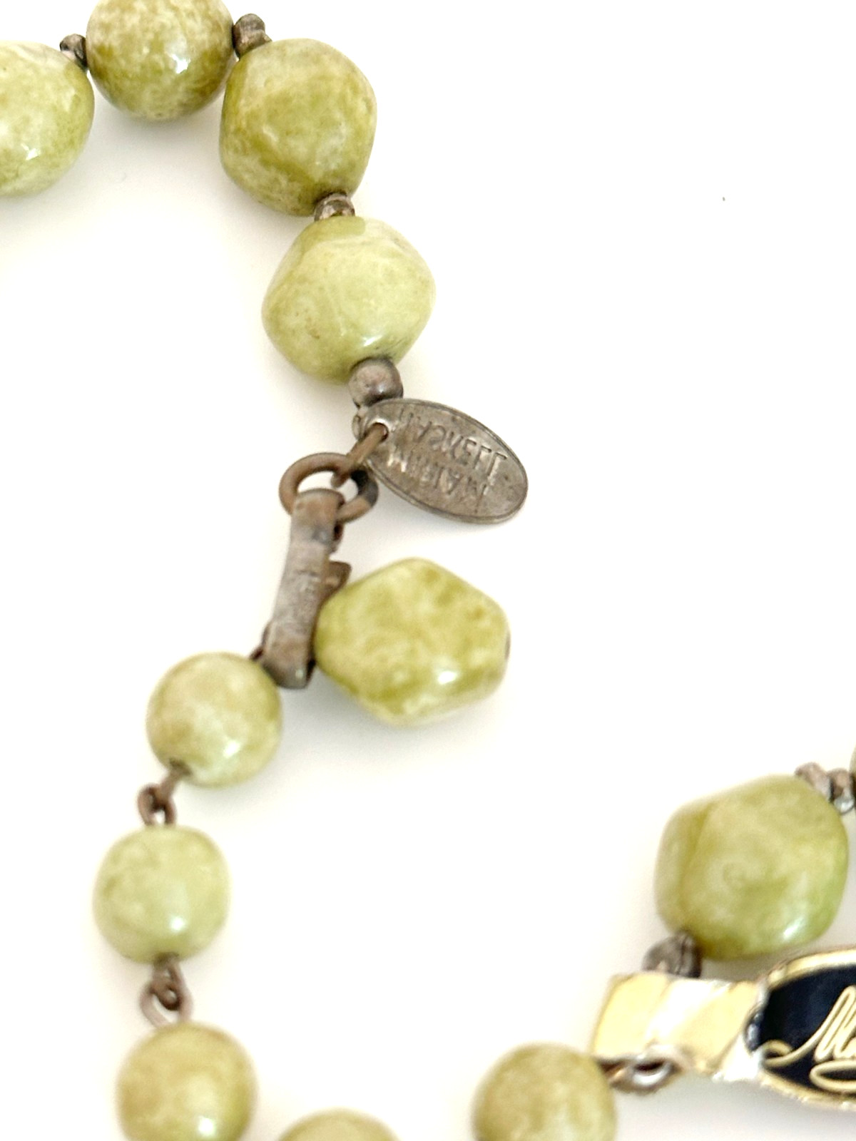 Vintage Signed Miriam Haskell Marbled Green Glass Nugget Bead Statement Necklace