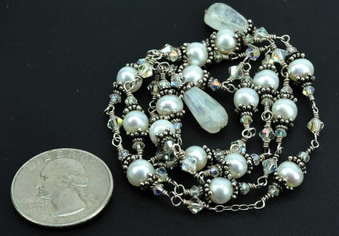 Sterling Silver Moonstone Pearl & Crystal Necklace 22 inches -Elegant!