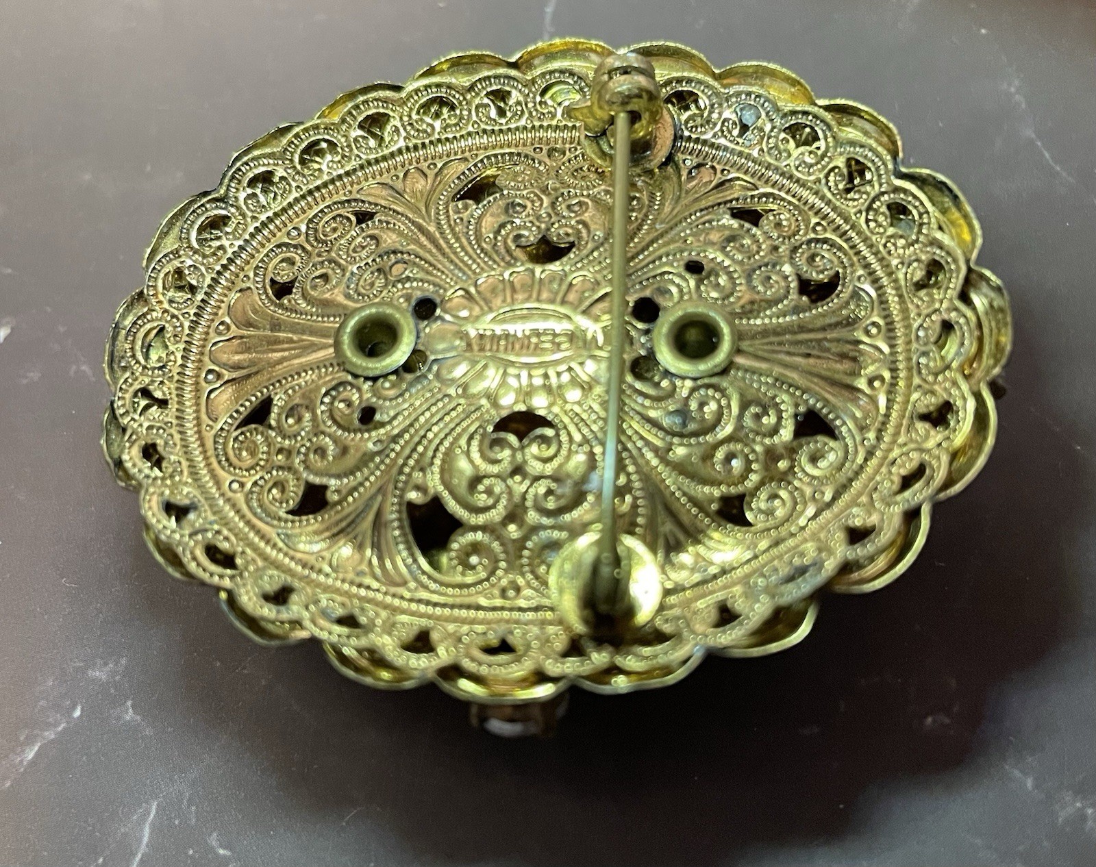 20th Century W German Gold Filigree Carved Glass Cameo Austrian Crystal Brooch