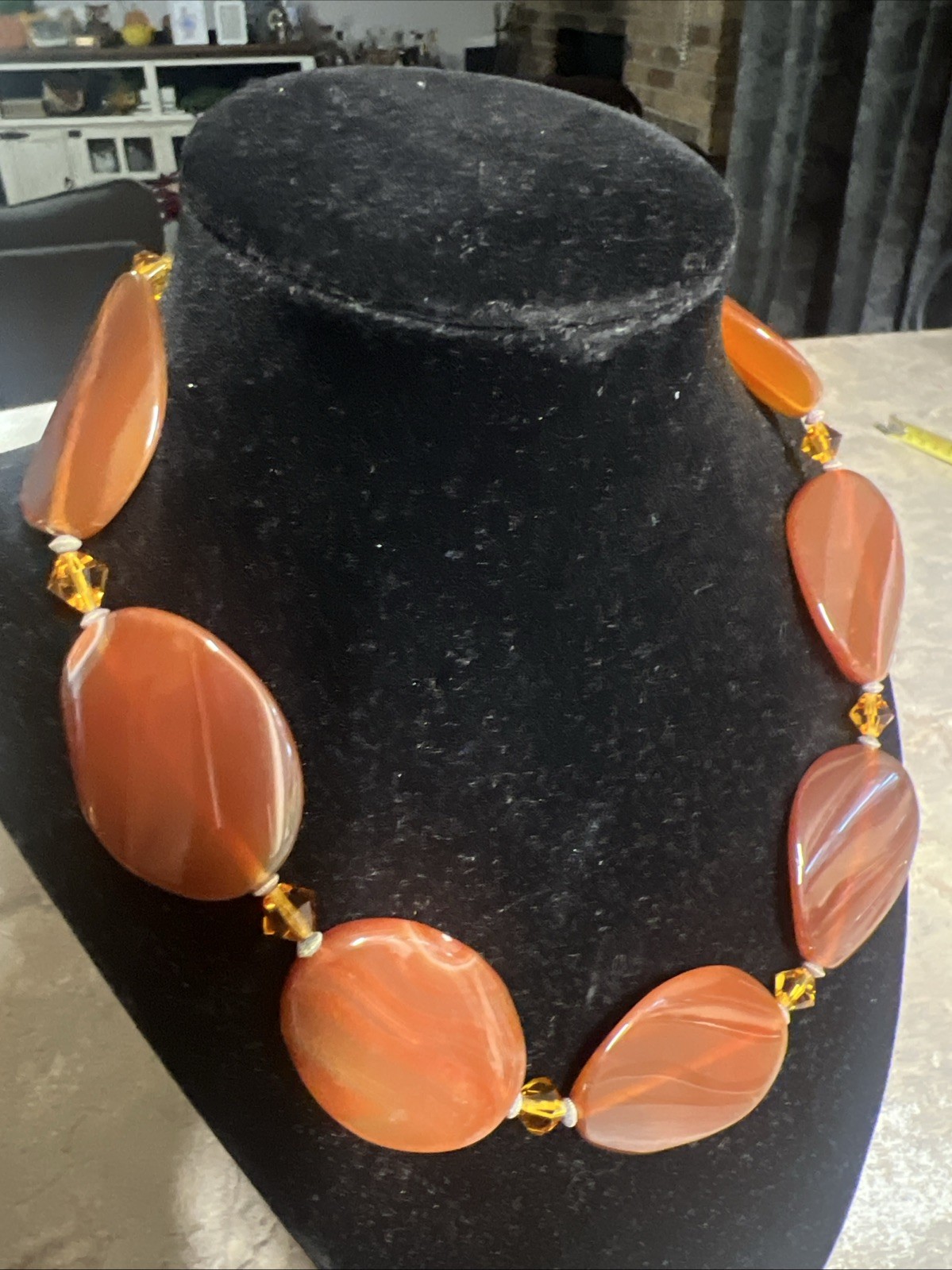 carnelian and crystal beaded necklace vintage 17″ long w/ 21/2″ extender