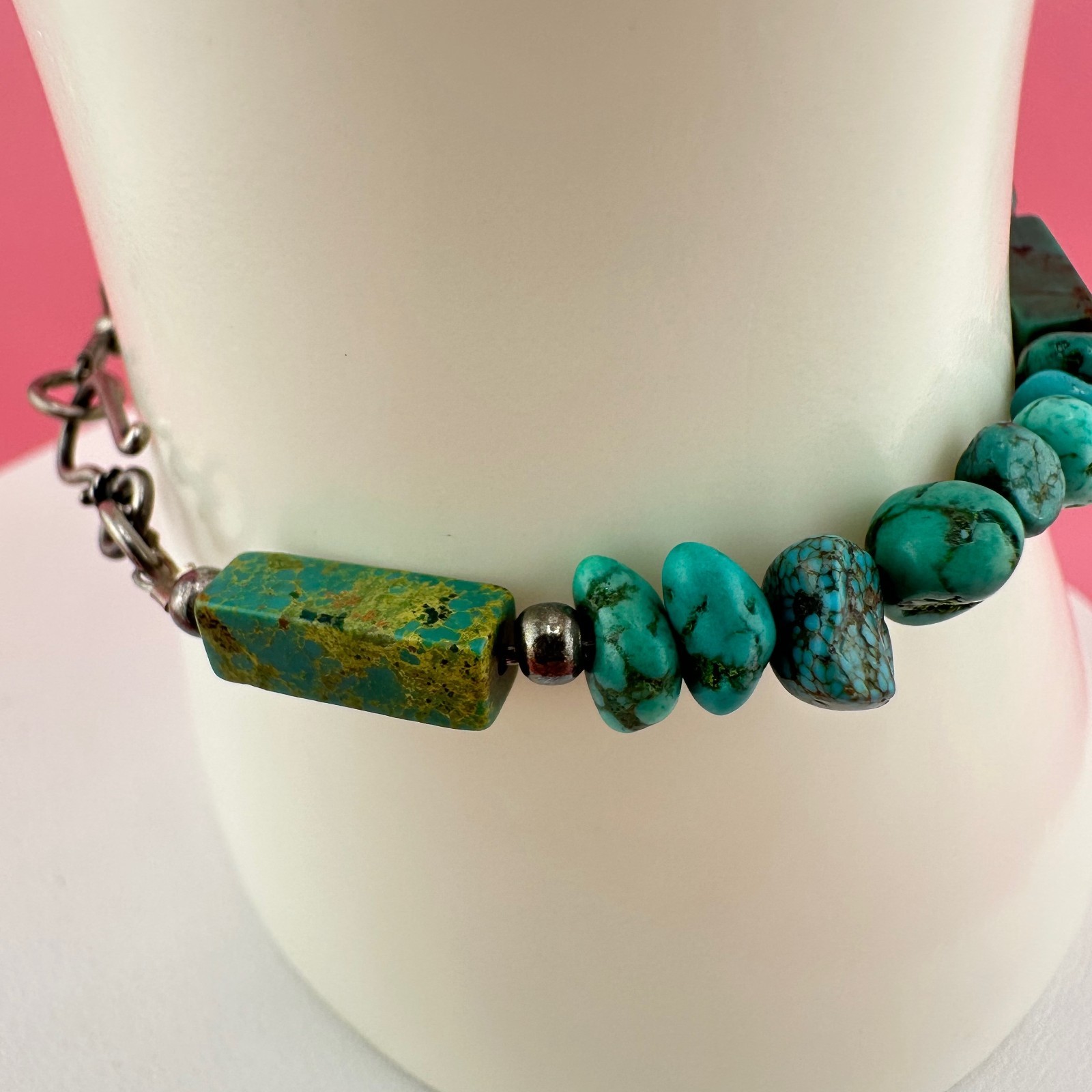 Vintage Turquoise Bead Sterling Silver Bracelet Blue Green South Western 6.25″