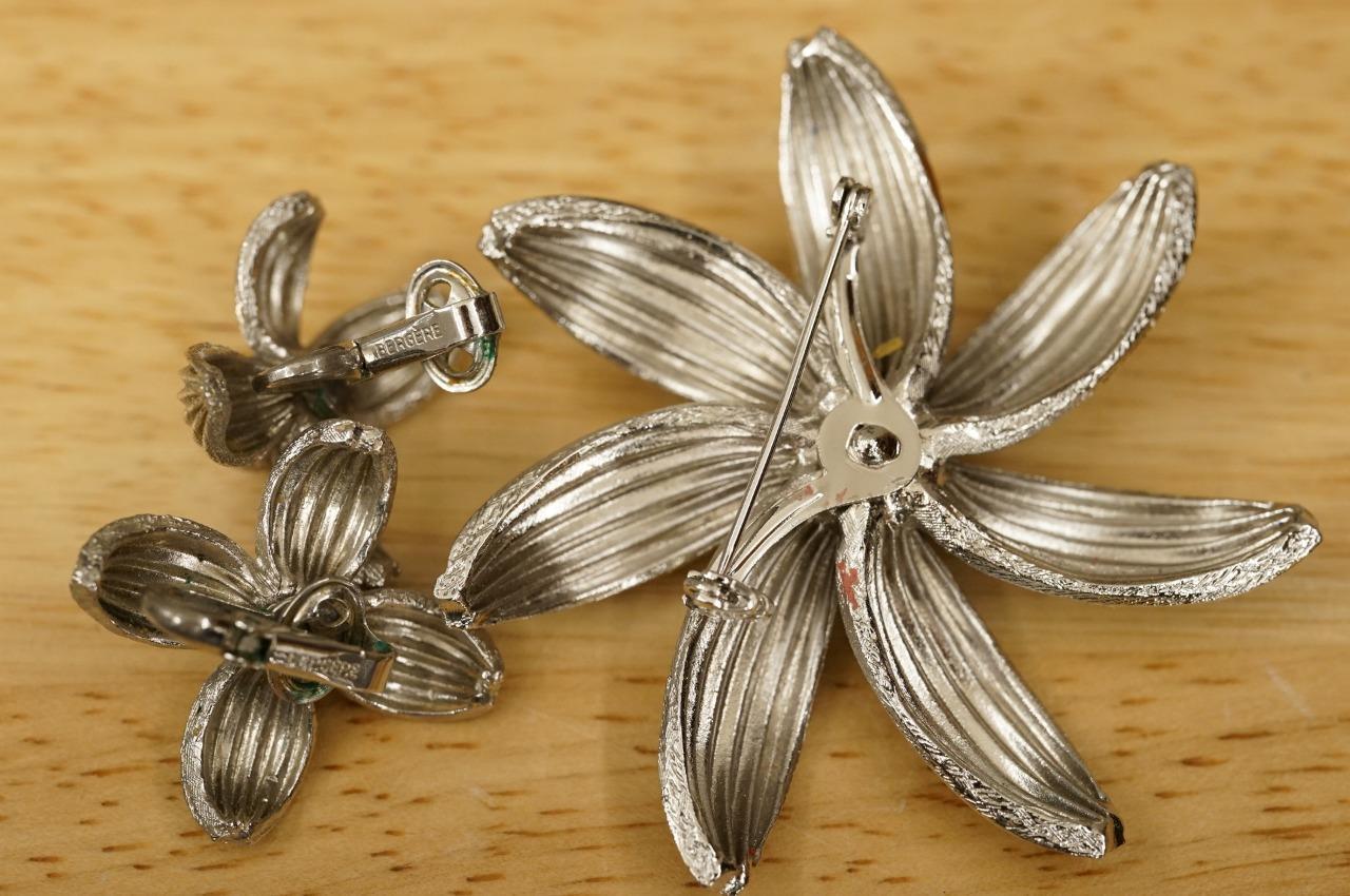 Vintage Costume Jewelry Signed BERGERE Silver Flower Brooch Pin & Clip Earrings