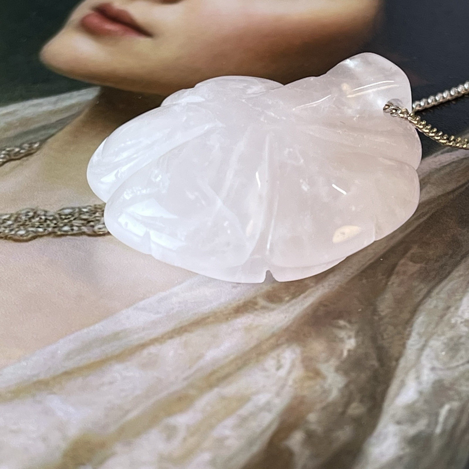 Vintage Carved White Jade Rose Pendant Necklace – 16” – Silver Tone – c1980s