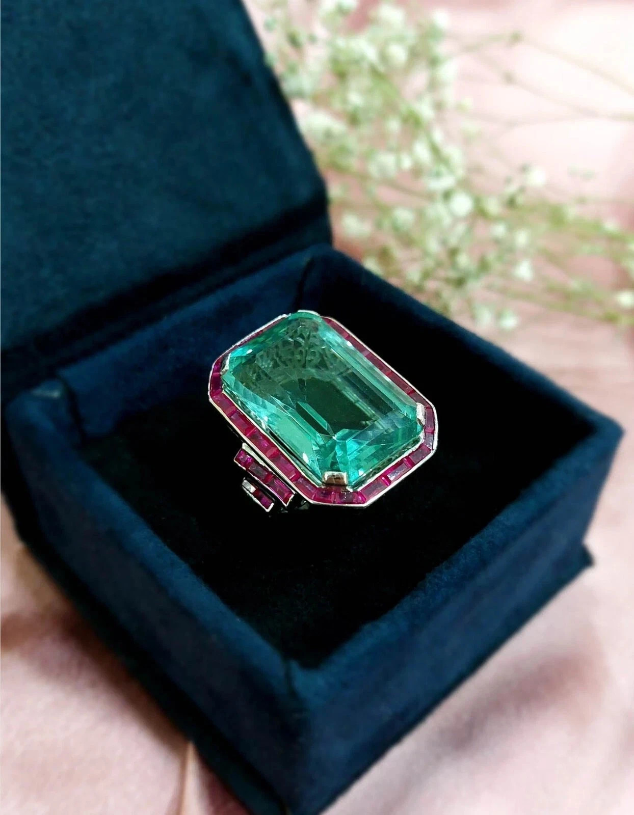 Vintage Art Deco Style 7CT Aquamarine & Ruby Halo Wedding Ring 14K White Gold FN