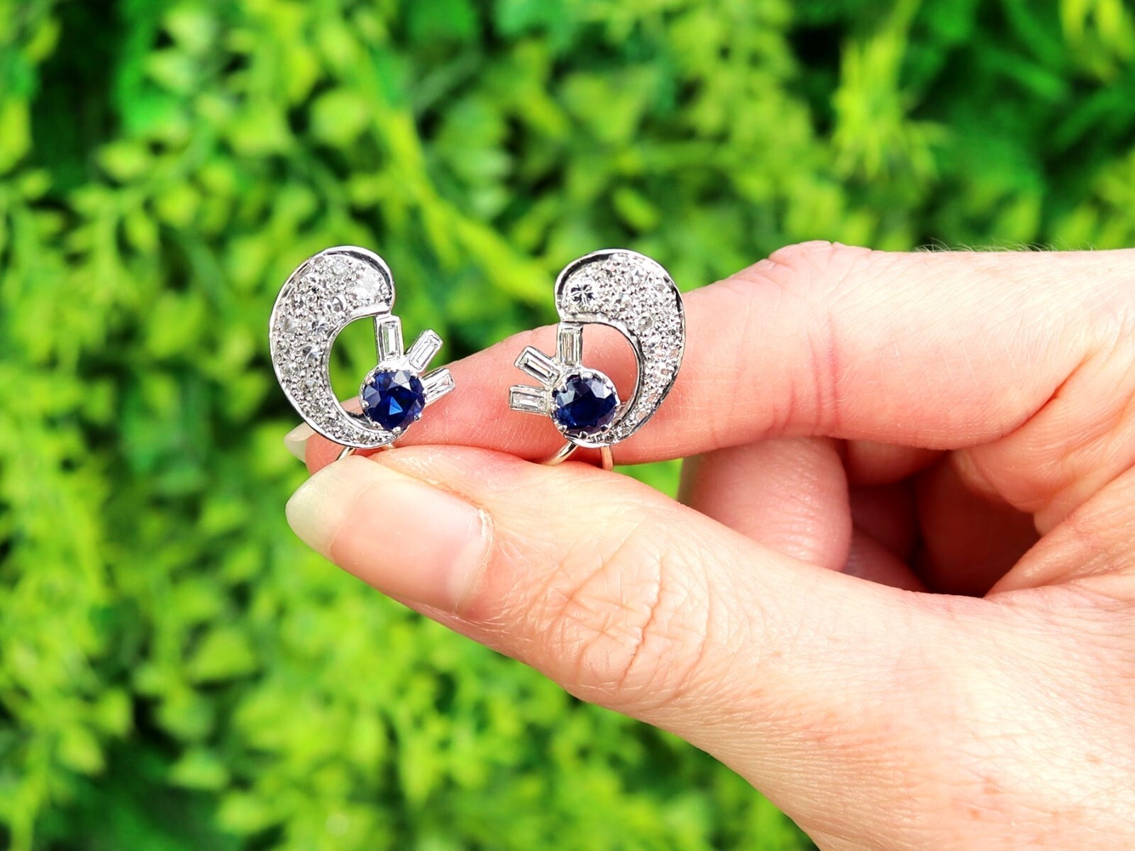 Antique Sapphire and Diamond Clip On Earrings in 18k White Gold