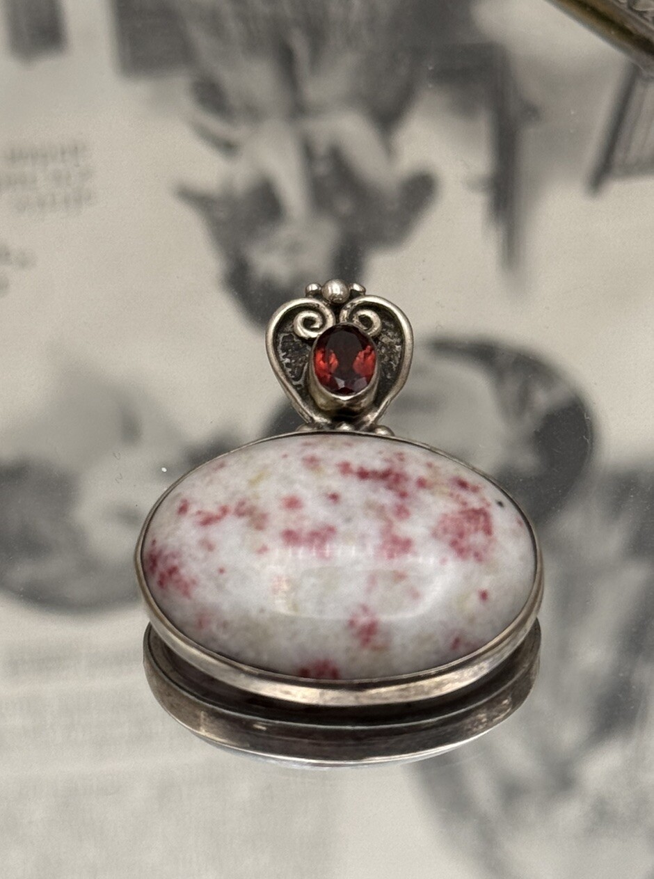 Vintage Pendant Sterling 925 Pink Flecked Stone Red Rhinestone ESTATE FIND