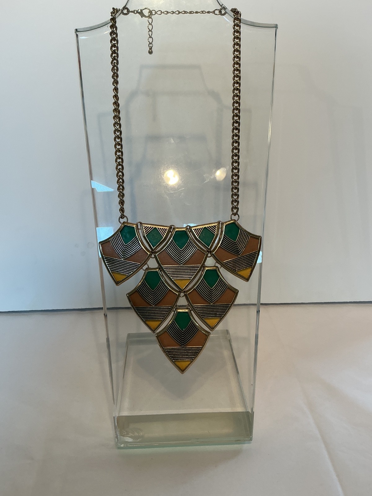 Vintage Art Deco Geometric Bib Statement NECKLACE, fan & chevronm earth tones