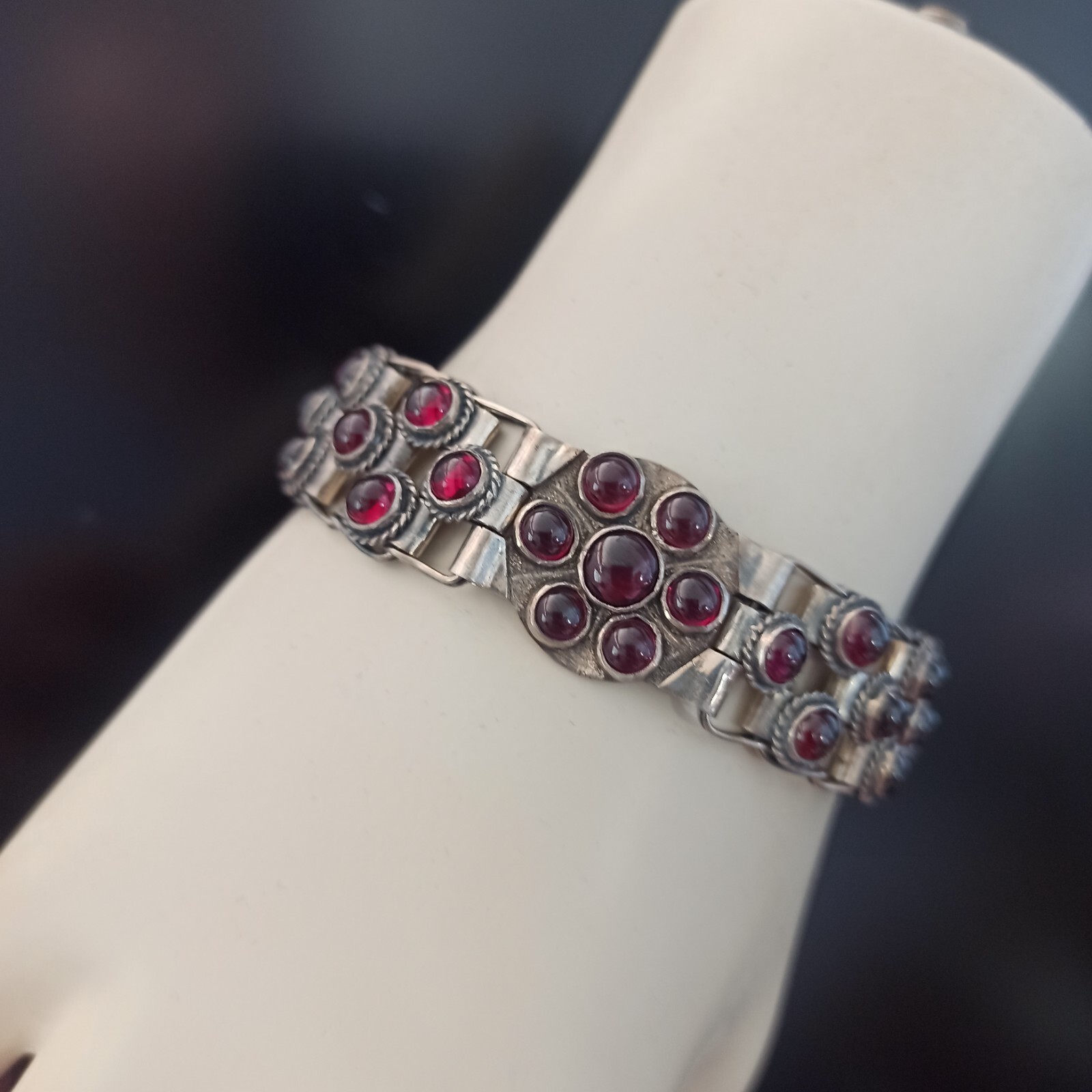 Vintage Garnet Bracelet 925 Silver Wide Statement Artisan GI OOAK Ethnic Boho