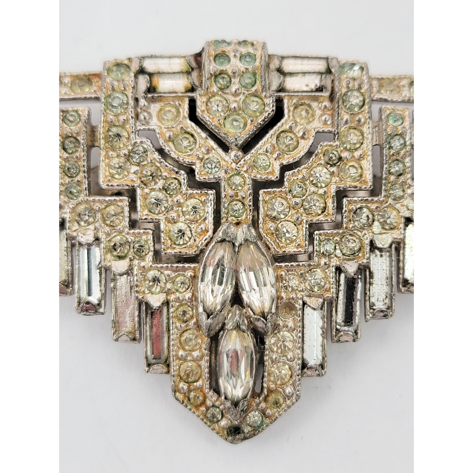 1930s Art Deco Rhinestone Dress Clip Brooch Pave Baguette Marquise Geometric