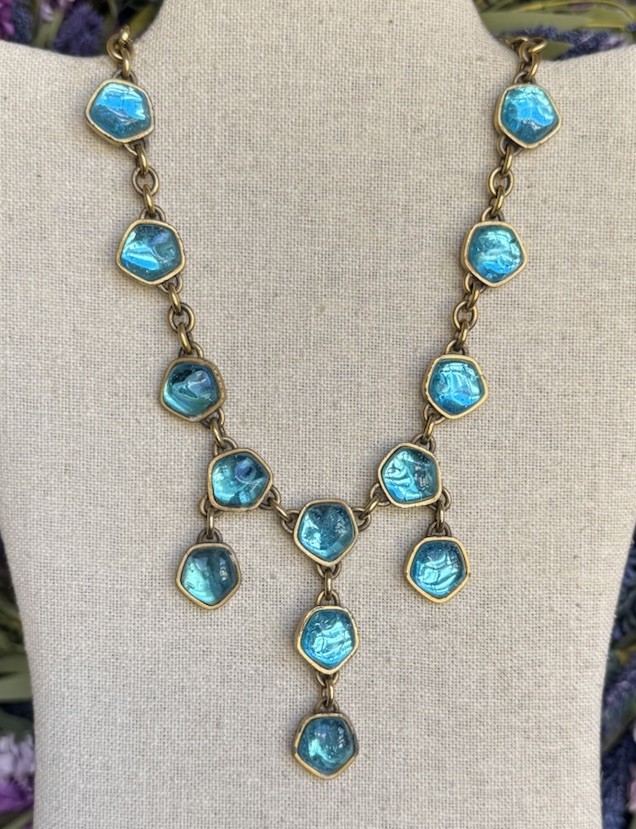 Vintage YSL Yves Saint Lauren Turquoise Blue Cabochon Chain Dangle Necklace 16”