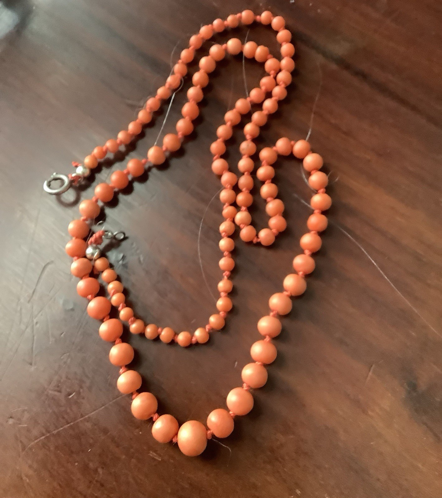 Antique Georgian Victorian Graduated Coral Bead Necklace Silver Clasp Knotted