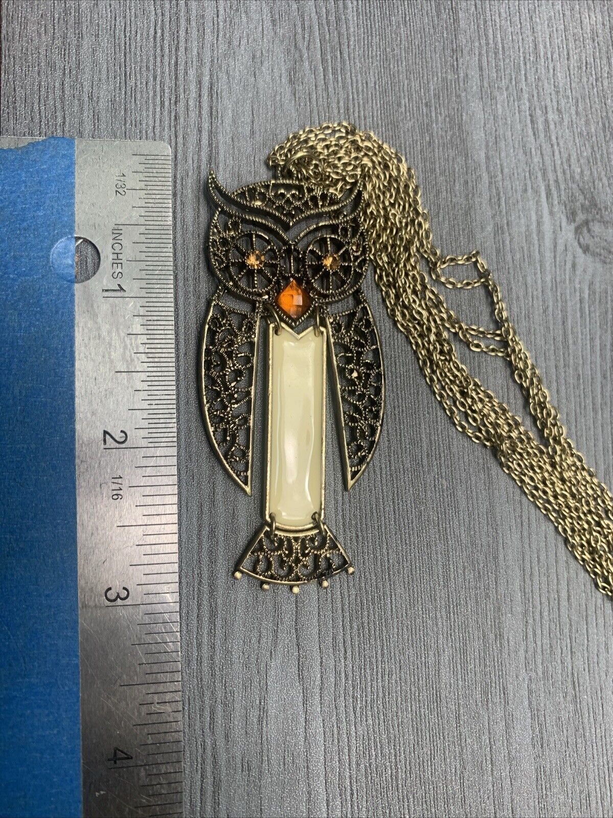 Vintage Boho Articulated, Owl, Gold, Multi Strand Pendant Necklace 18”