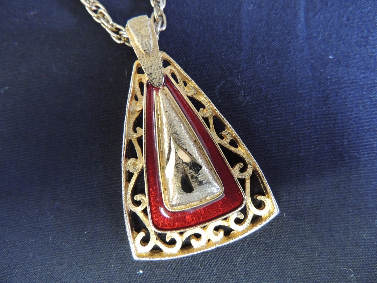 Vintage Goldtone Revere Chain Triangle Pendant Statement Necklace Red Enamel Fun