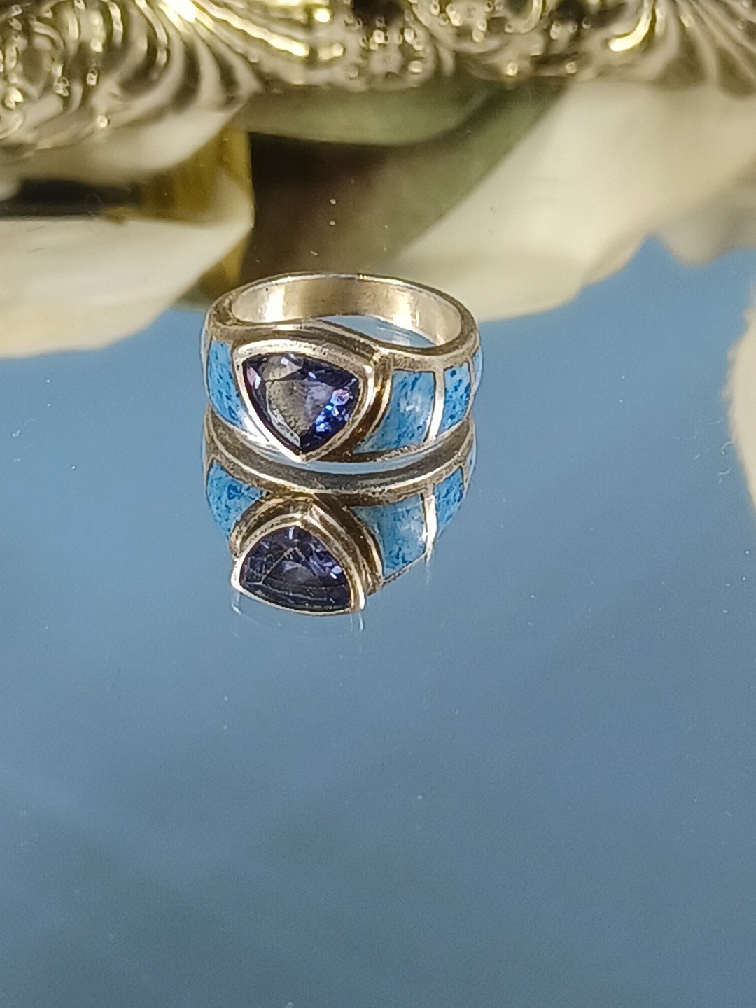 Vintage Sterling Silver Ring Blue Topaz Trillion Cut Stone Turquoise Accents